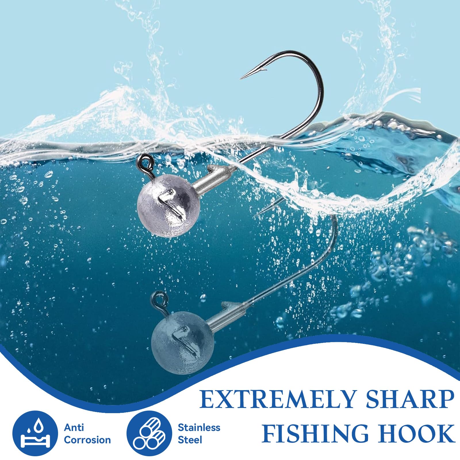 Anzuelos de Pescas Set, 52 Piezas Unidades Anzuelos con Round Jighead 6 Tamaños (1g/2g/3,5g/5g/7g/10g), Jigköpfe Angelhaken para el Cebo Suave, Pesca de Trucha de Lubina