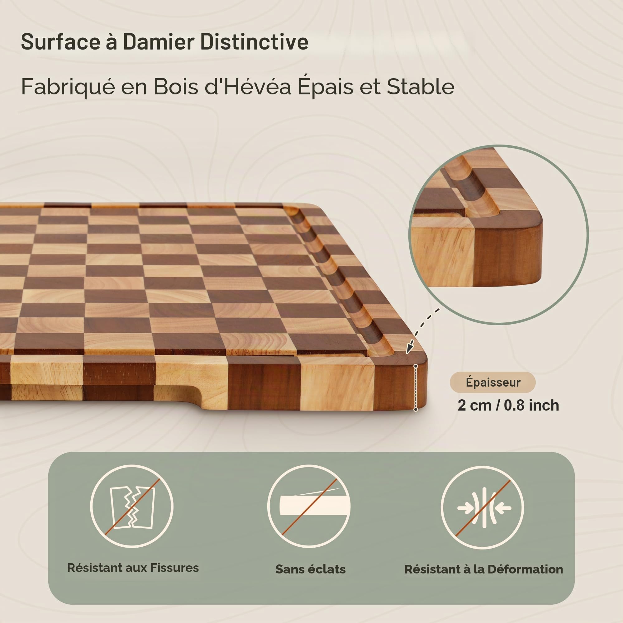 Planche à Découper en Bois Motif Damier, Lot de 3 avec Support, Planches à Découper avec Rainure d'Écoulement et Poignée, pour Viande, Légumes et Fromage