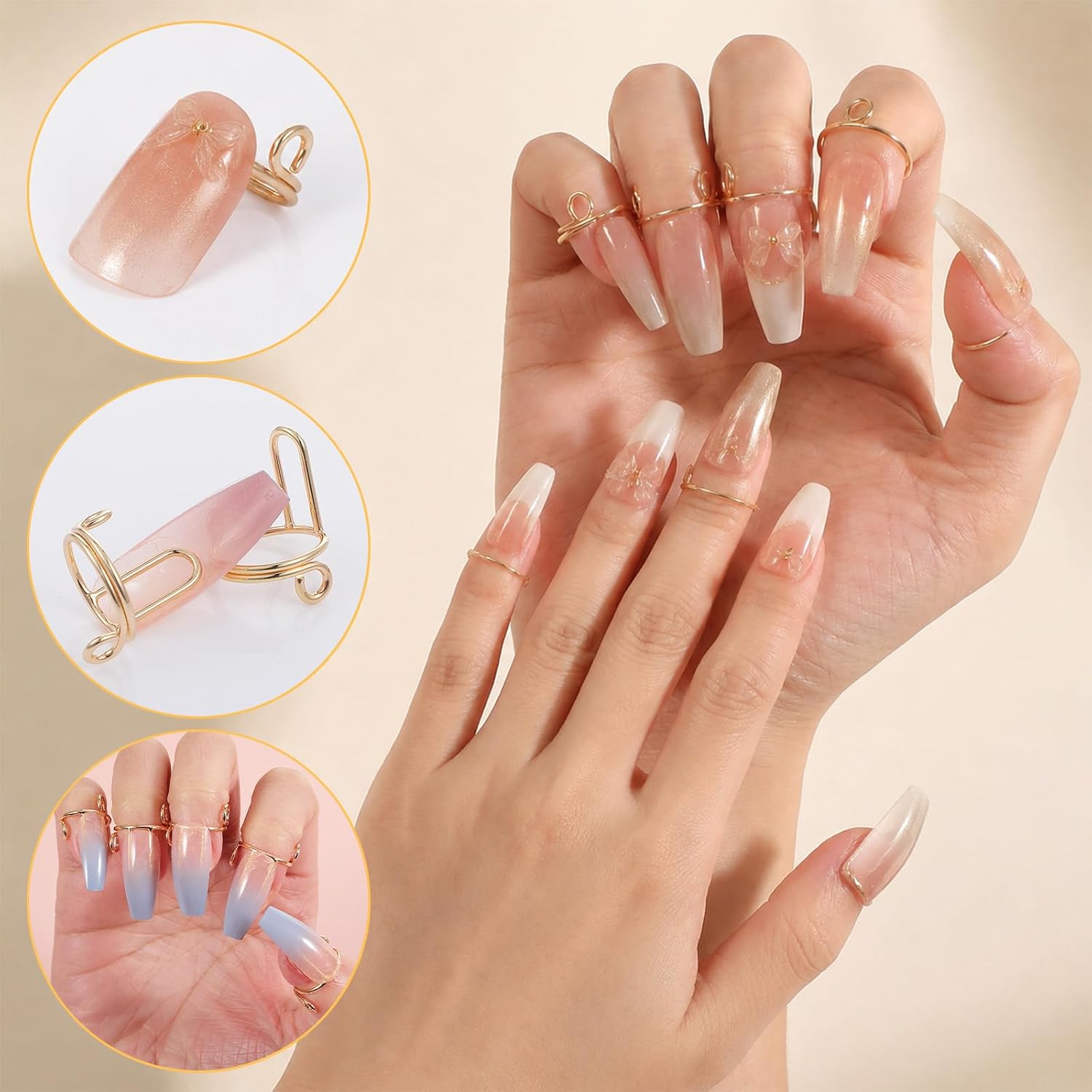 20Pcs Nail Rings, Metal Fingernail Rings for Press On Nails Art Decoration | with 5 Sheet Adhesive Tabs No Glue,