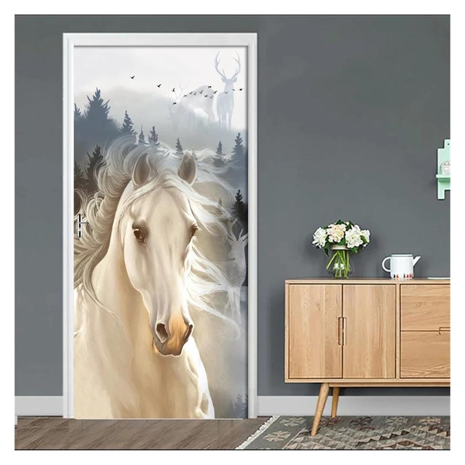 Affiche de décoration de porte de salon en PVC 3D adhésif motif cheval blanc forêt 95x215cm