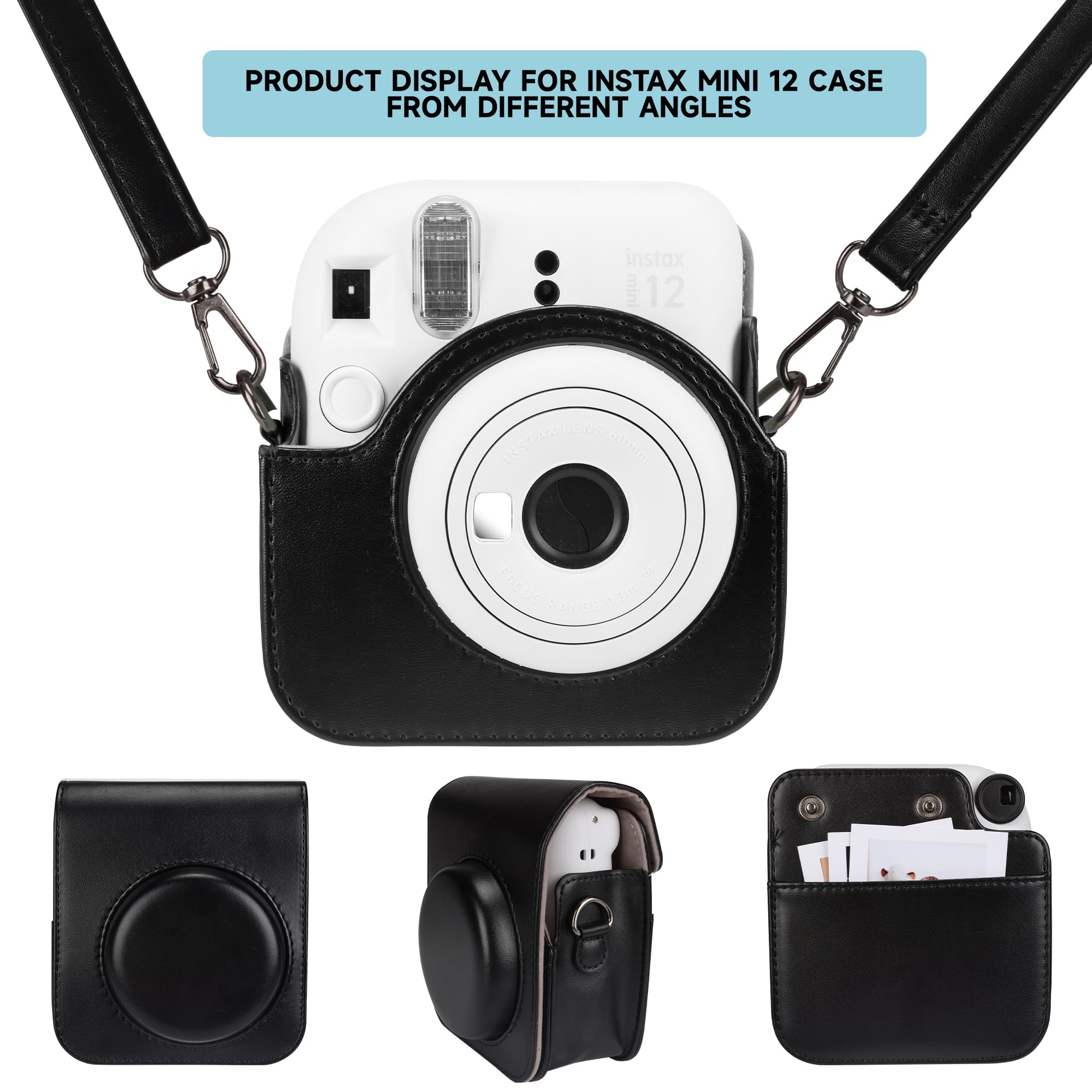 Kameratasche und 64 Taschen Fotoalbum kompatibel mit Fujifilm Instax Mini 12 Sofortbildkamera, PU Leder tragbare Mini 12 Kameratasche mit verstellbarem Schulterriemen (Schwarz)