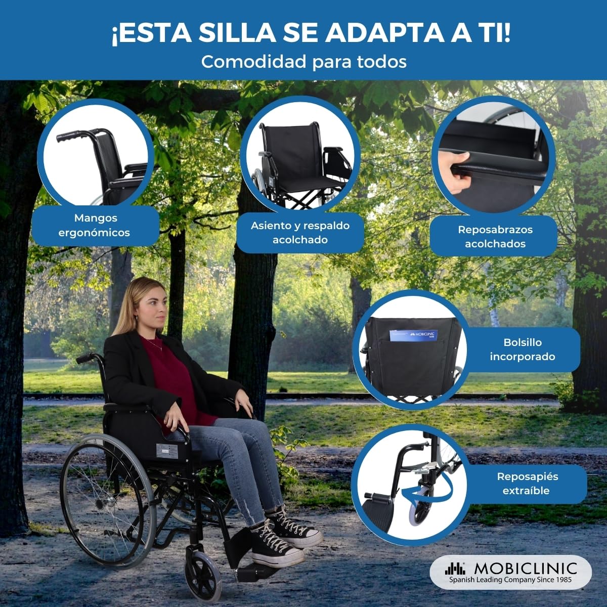 Mobiclinic®, Silla de ruedas plegable, Autopropulsada, Reposabrazos extraíbles y acolchados, Reposapiés abatibles, Catedral, Freno manual, Sistema subebordillos, Antipinchazos, Resistente