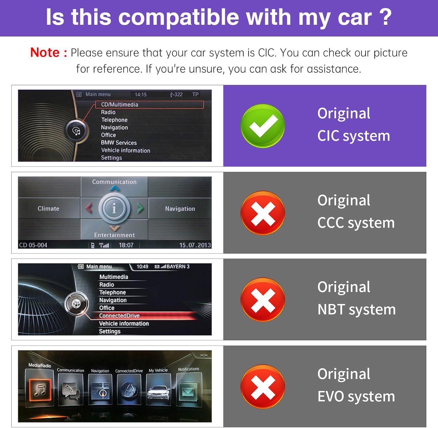 Compatibility chart showing checkmark for CIC system and X marks for CCC, NBT, EVO systems.