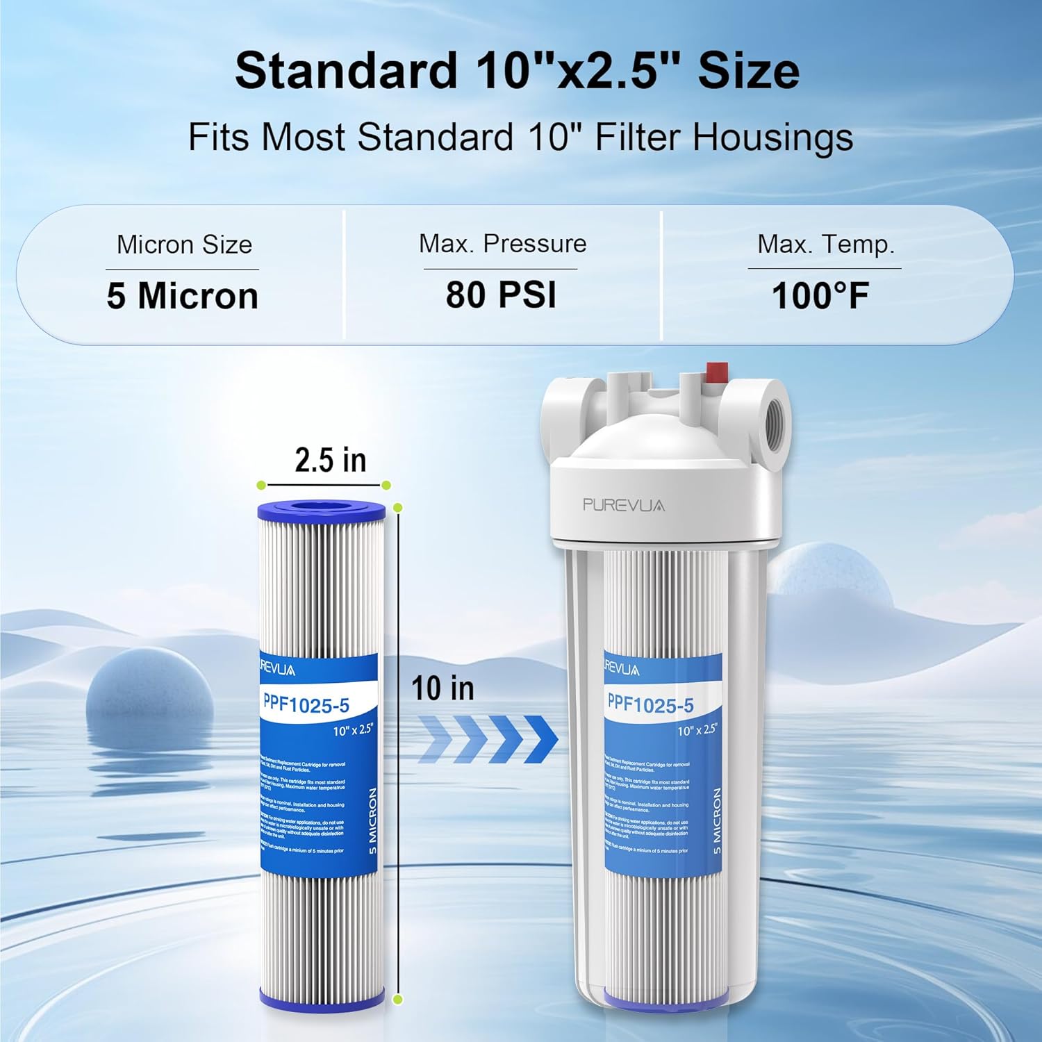 6-Pack 5 Micron Pleated Water Filter Cartridge, 10" x 2.5" Washable & Reusable PET Sediment Filter for Well Water & Whole House Pre-Filter, Compatible with WFPFC3002, WHKF-WHPL, AO-WH-PRE-RP2