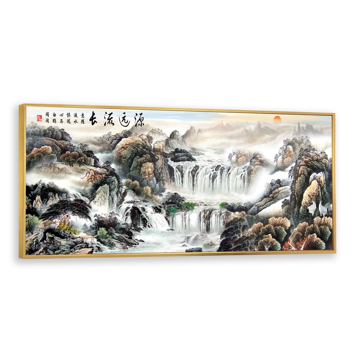 Via Vela Chiński krajobraz płótno sztuka ścienna wodospad sceneria grafika wydruki orientalny styl malarstwo duży mural plakat do salonu dekoracja 40 x 101 cm ze złotą ramą