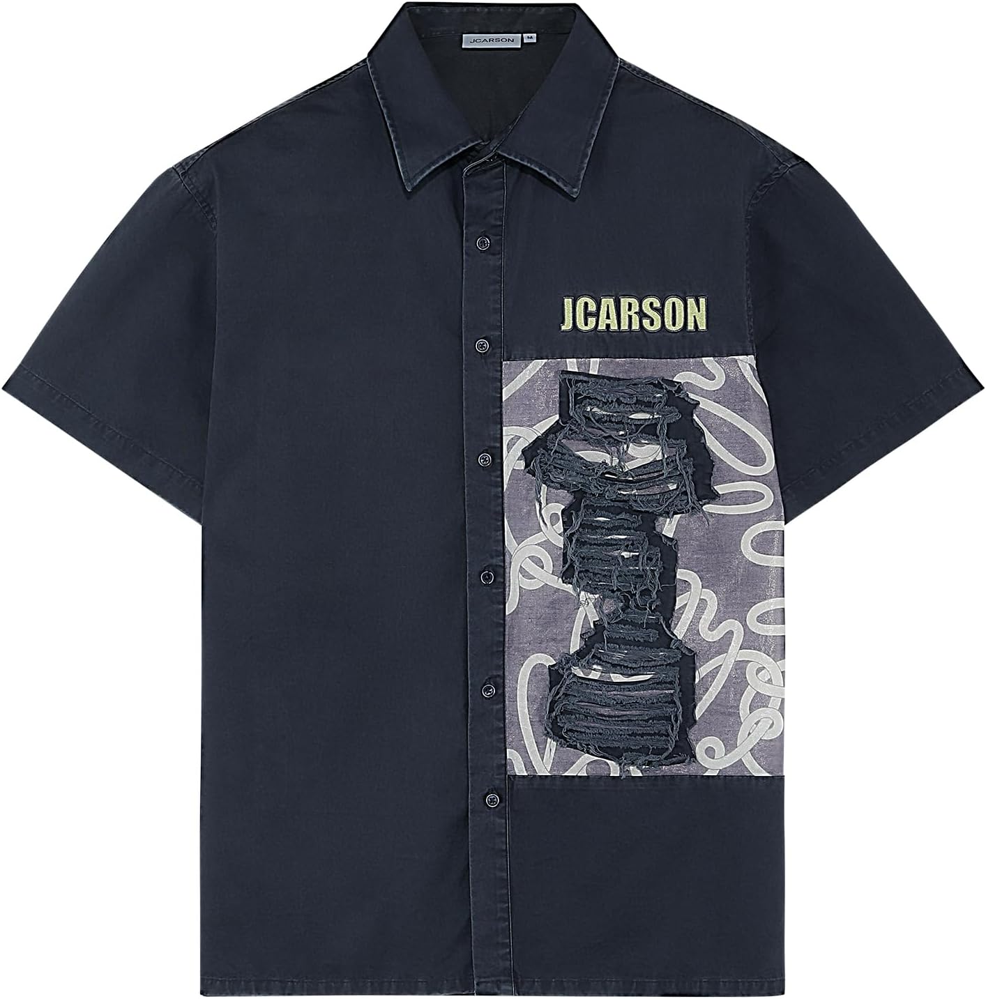 JCARSON Vintage Streetwear Mens Denim Shirts Distressed Button Down Shirt Appliqué Embroidery Oversized Short Sleeve Shirts