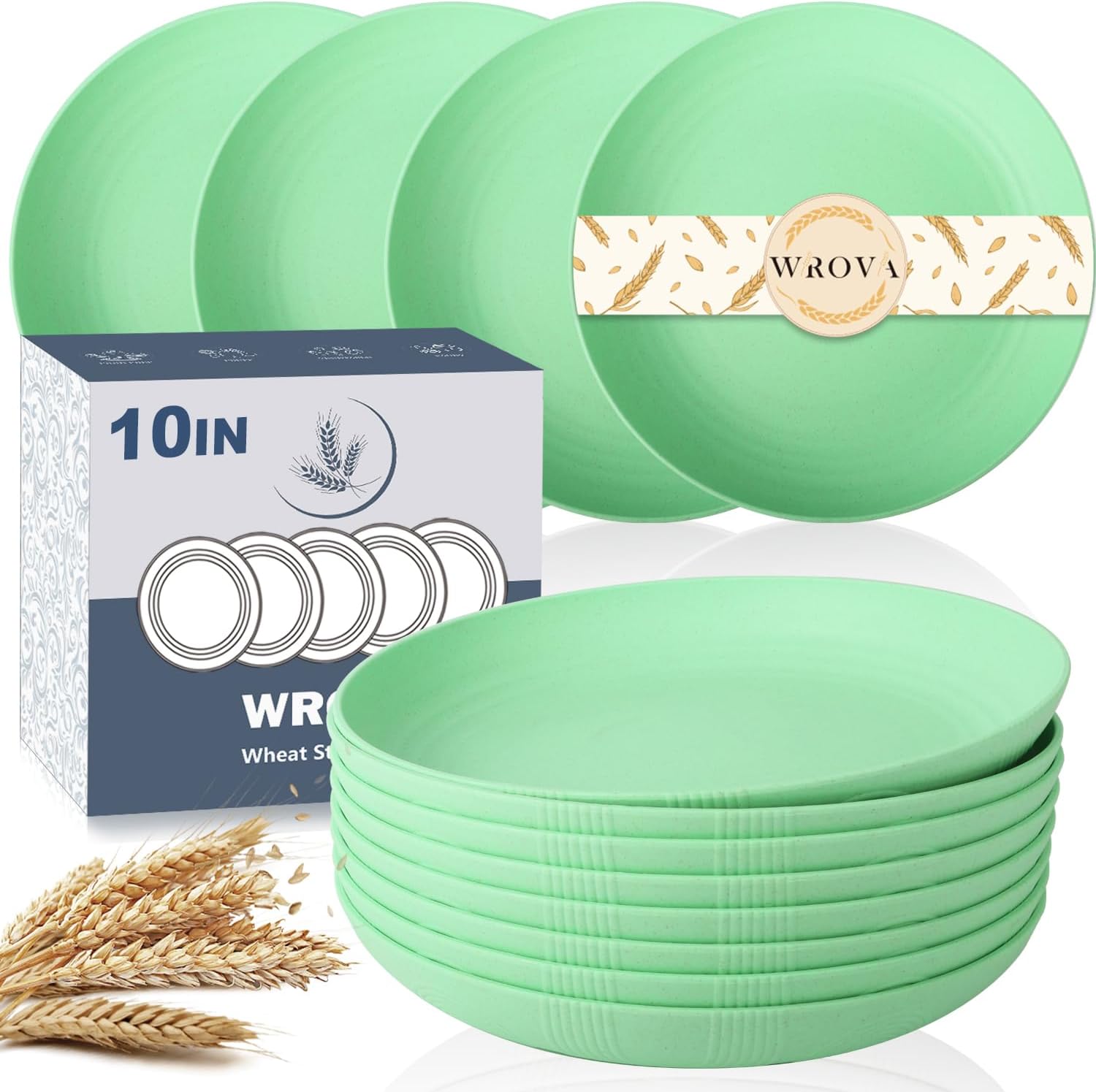 Wheat Straw Plates - 10 Inch Unbreakable Dinner Plates Set of 8 - Dishwasher & Microwave Safe Plastic Plates Reusable for Kitchen and Camping (Light Green) Light Green 10 Inch
