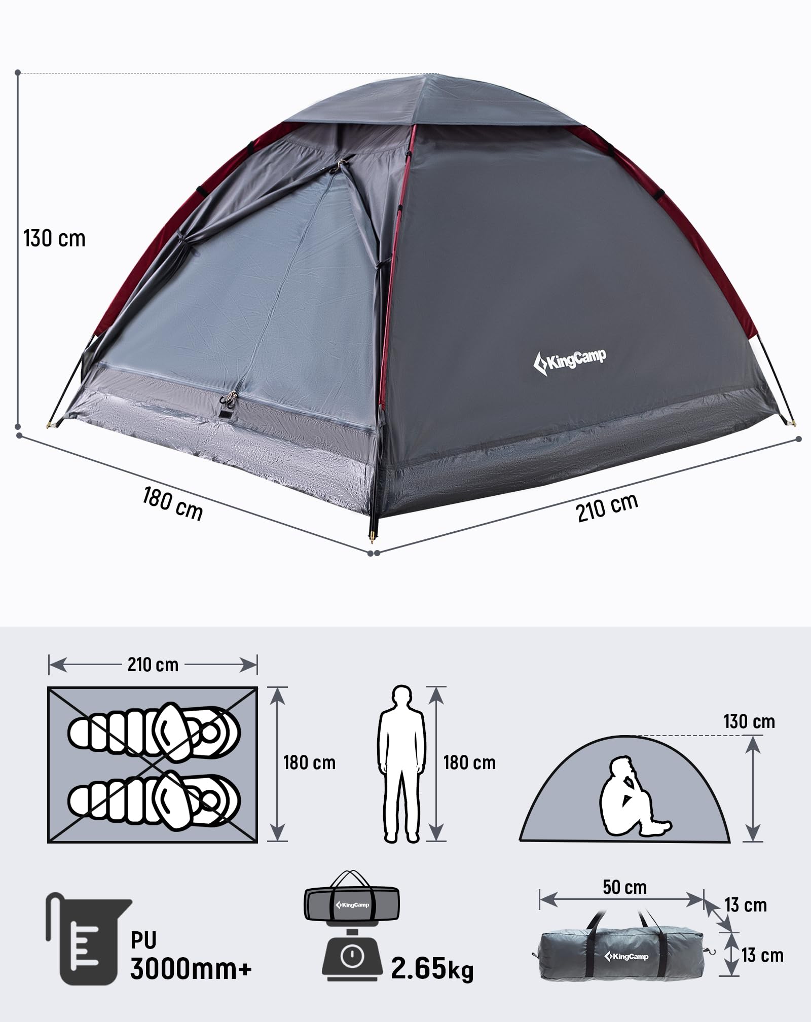 KingCamp 2-3 Personen Zelt Wasserdicht 3000mm Ultraleicht Camping Zelt mit Übergroßer Regenkappe & Reflektierenden Seilen -Kuppelzelte für Festival,Wochenend-Camping, Reisen - 210x180x130cm