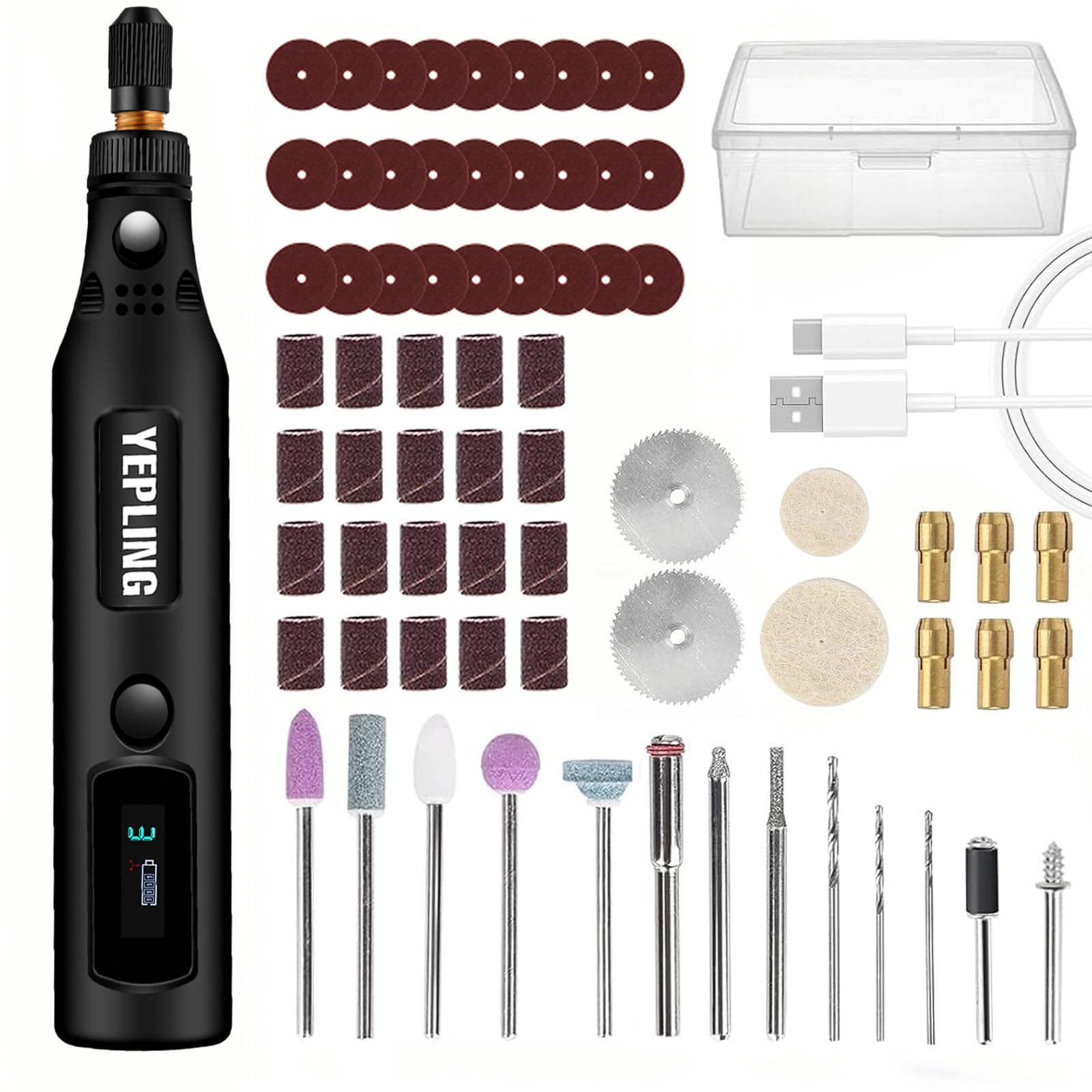 YEPLING Cordless Rotary Tool, 3.7V Li-Ion 3 Speed Electric DIY Mini Polisher Kit with LED Screen, 72 Pieces Accessories USB Cordless Multi-Tool, Great