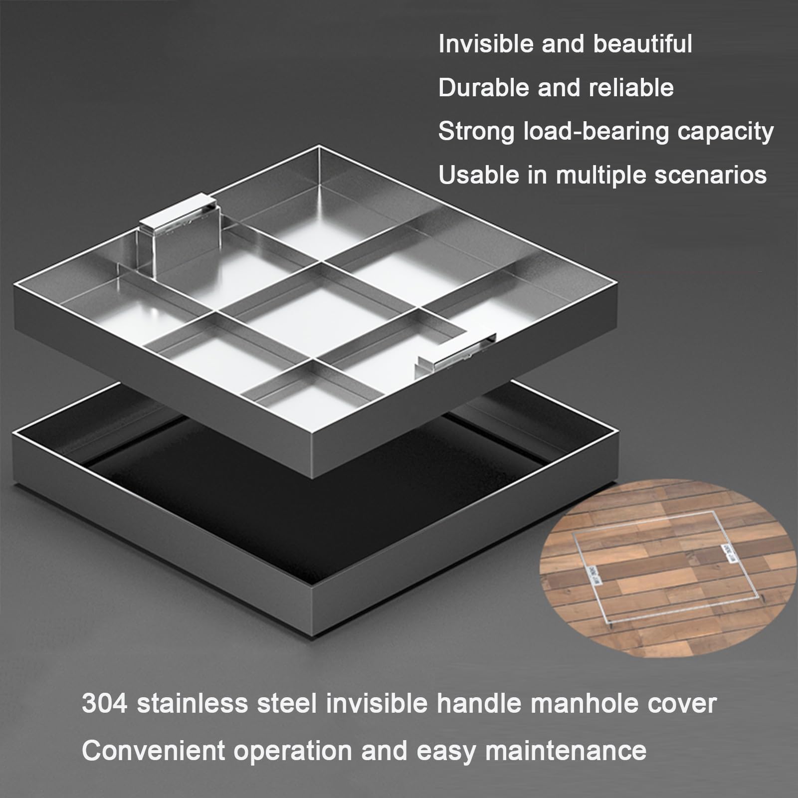 Chiusino E Telaio Invisibili in Acciaio Inox ，Chiusino Con Maniglia Nascosta，coperchio per fossa settica quadrata incassata，Chiusini Invisibili per vialetti d'accesso(A,60*60cm/23.6*23.6in)
