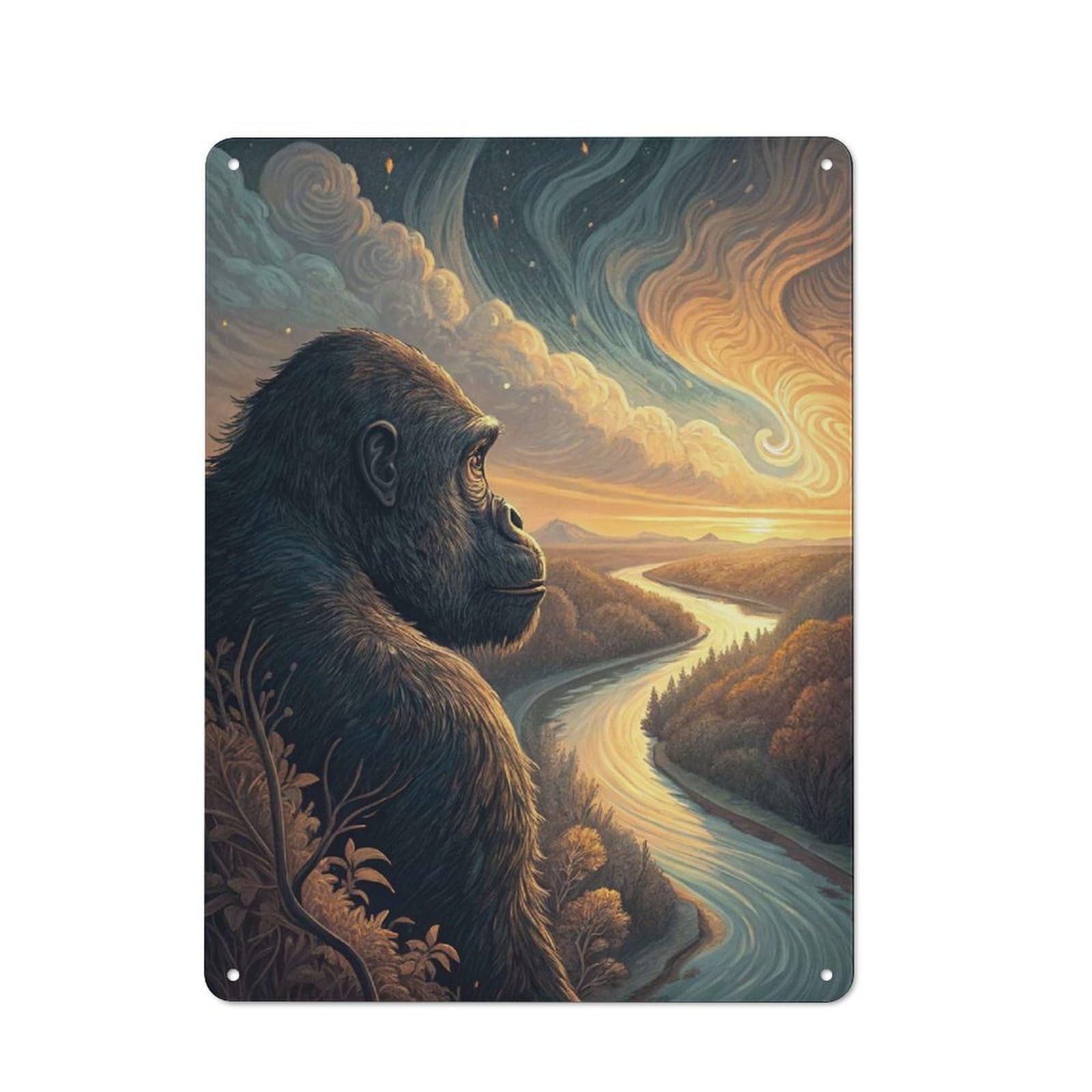 Junmoney Style-4 Gorilla Overlooking A River At Sunset Vintage Metal Wall Sign 40X30cm For Kitchen Or Home Bar, For Garage, Workshop And Man Cave Decoration