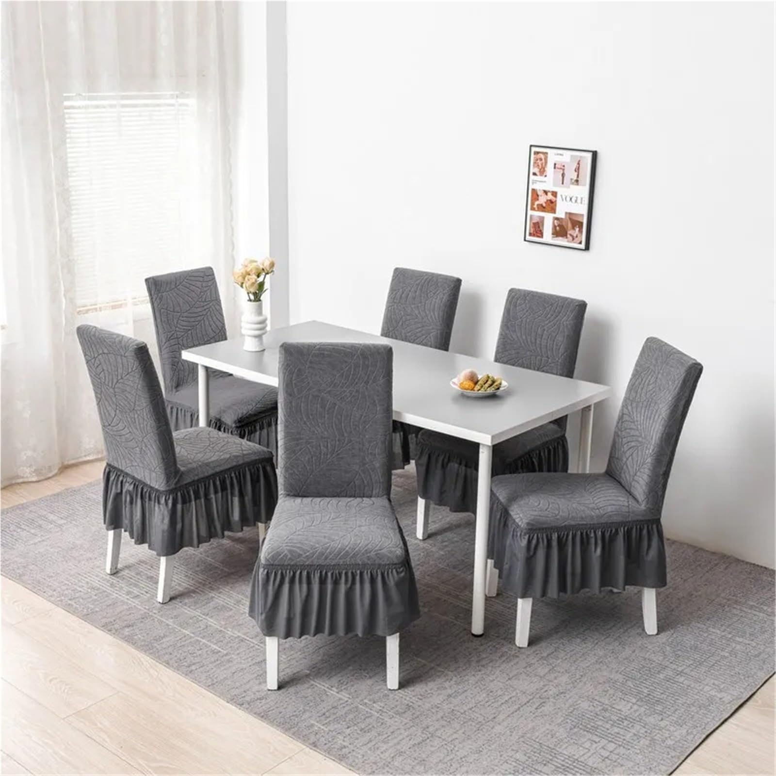 Stuhlhussen 6 Stück Jacquard-Stuhlhussen mit Rock, elastisch, einfarbig, Stuhlhussen for Zuhause, Wohnzimmer, Hotel(Green)