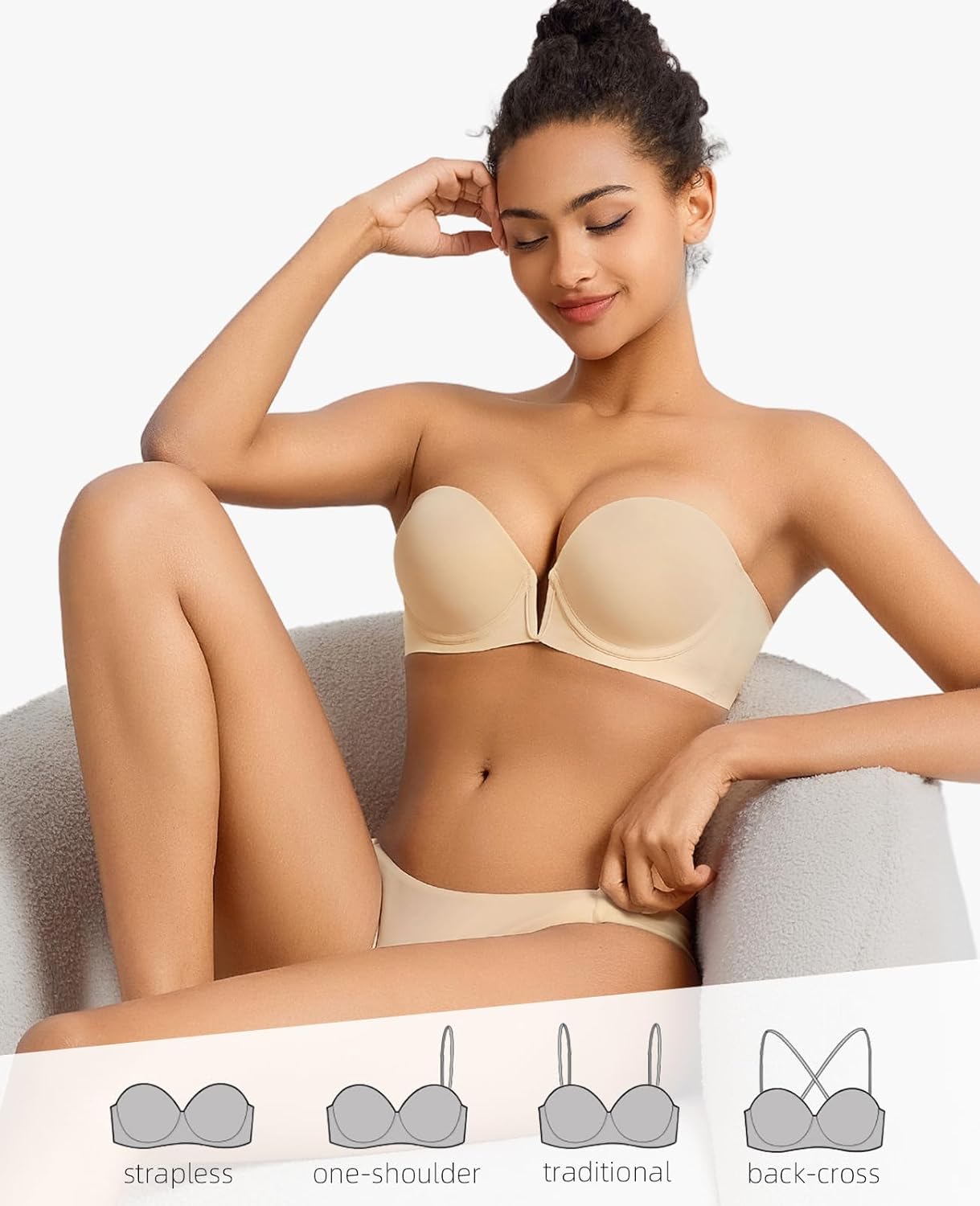 Womens Push Up Strapless Bras for Women Padded Add 2 Cup Plunge Bra Non-Slip Multiway Deep V Low Cut Brasier - Image 3