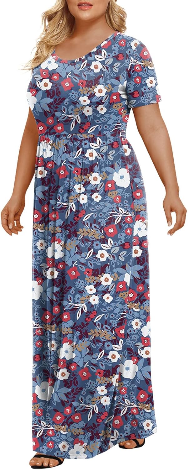 LONGYUAN Women's Plus Size Maxi Dresses for Curvy Women Summer Short Sleeve Casual 2026 Long Dress Mixed Blue 2XL - Image 2