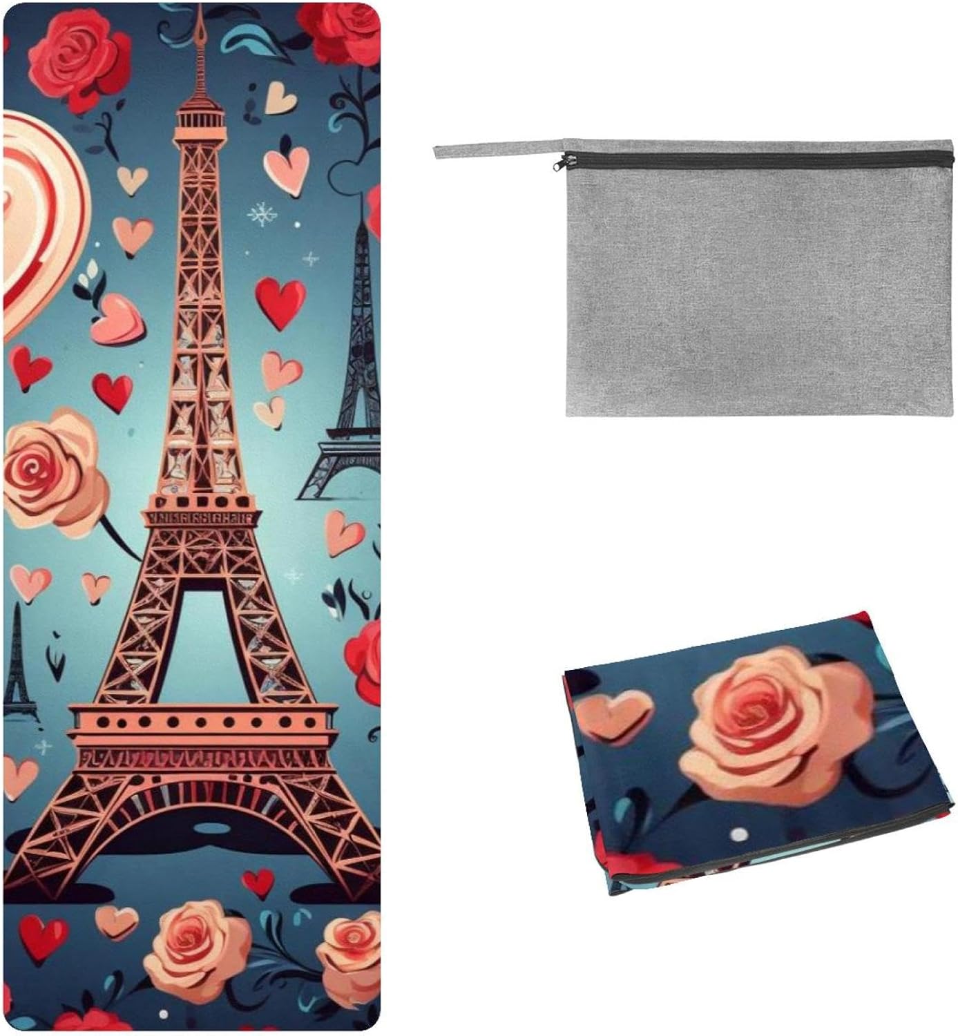 Yoga Towel, Eiffel Tower Valentine's Day Pattern Non Slip Sweat Absorbent Hot Yoga Mat Towel for Hot Yoga, Pilates and Fitness - 72.8" x 26.8"