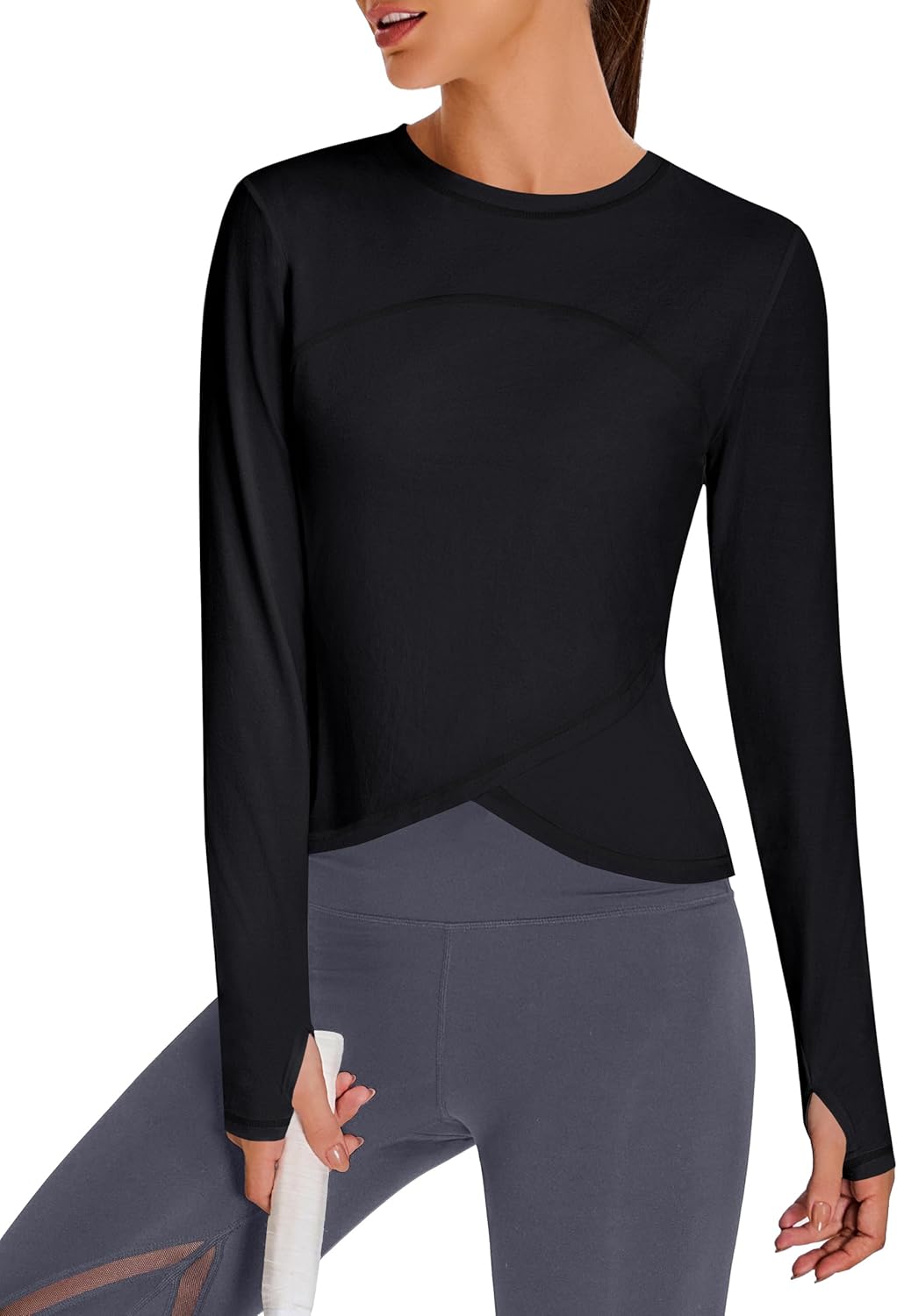 BMJL Womens Workout Tops Black Long Sleeve Shirts Fall Yoga Hiking Tshirts Cute Crop Tops Gym Thumb Hole