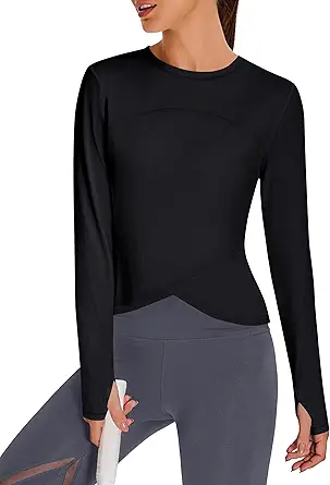 BMJL Womens Workout Tops Black Long Sleeve Shirts Fall Yoga Hiking Tshirts Cute Crop Tops Gym Thumb Hole