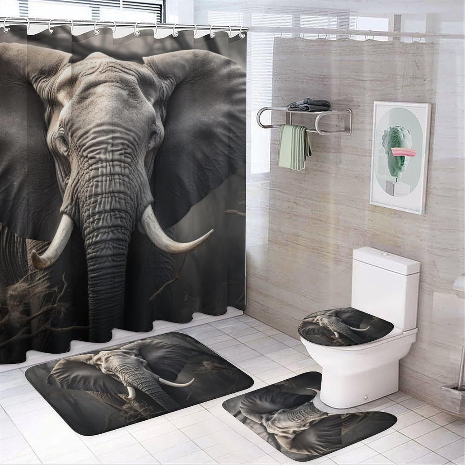 Dunmat 4Pcs Modern Elephants Shower Curtain Sets with Non-Slip Rugs, Toilet Lid Cover and U ...