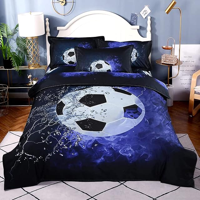 choicehot Soccer Duvet Cover Set Double Size Ice Fire Quilt Cover Set Microfiber Polyester Blue Football Bedding Set with Zipper Closure Bedding Set (1 x Quilt Cover + 2 x Pillowcase)