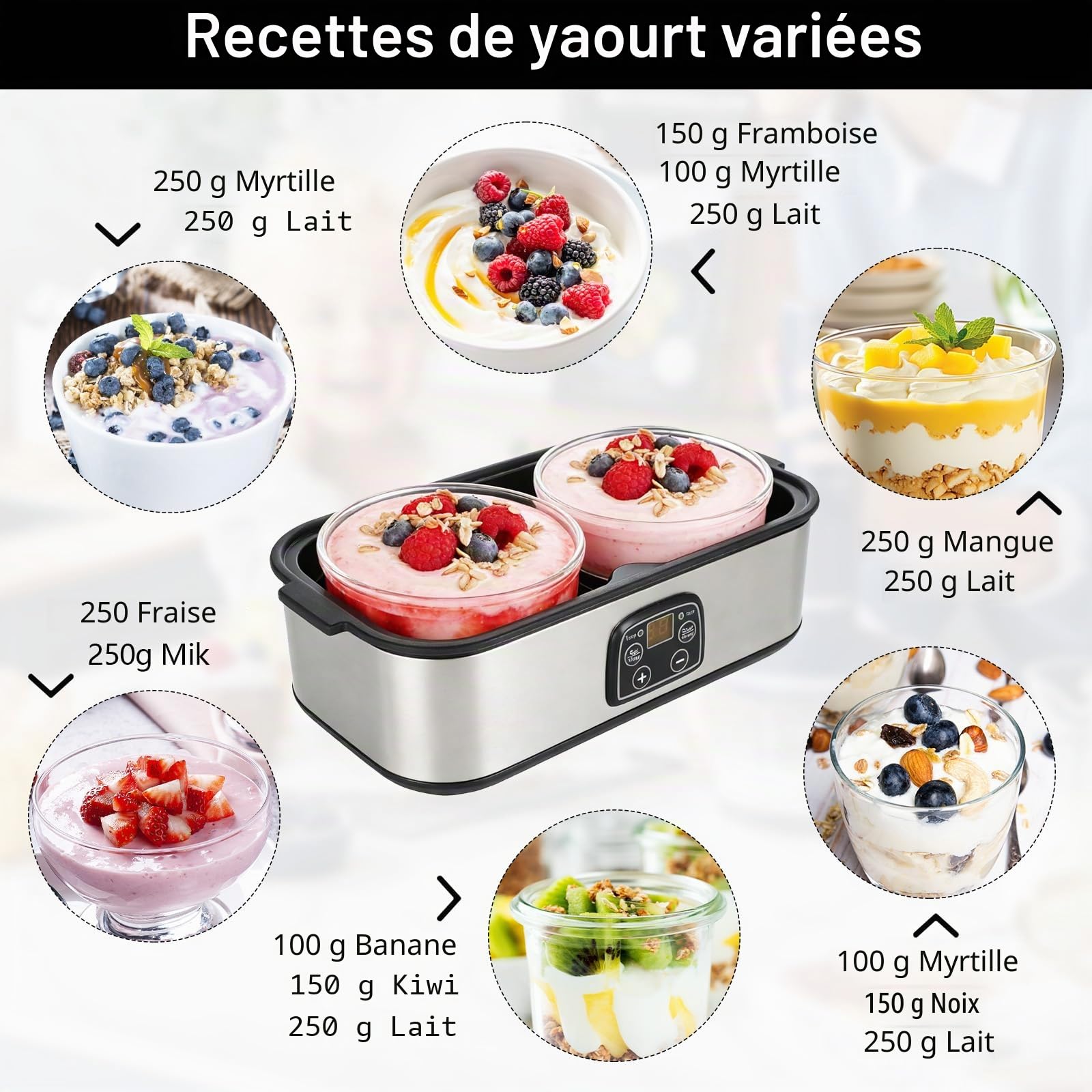 Yaourtière 2L, Machine à Yaourt avec 2 Pots de 1L, Yaourtière Numérique en Acier Inoxydable, Yaourtière Automatique pour Yaourt Maison DIY, Fromage ou Natto
