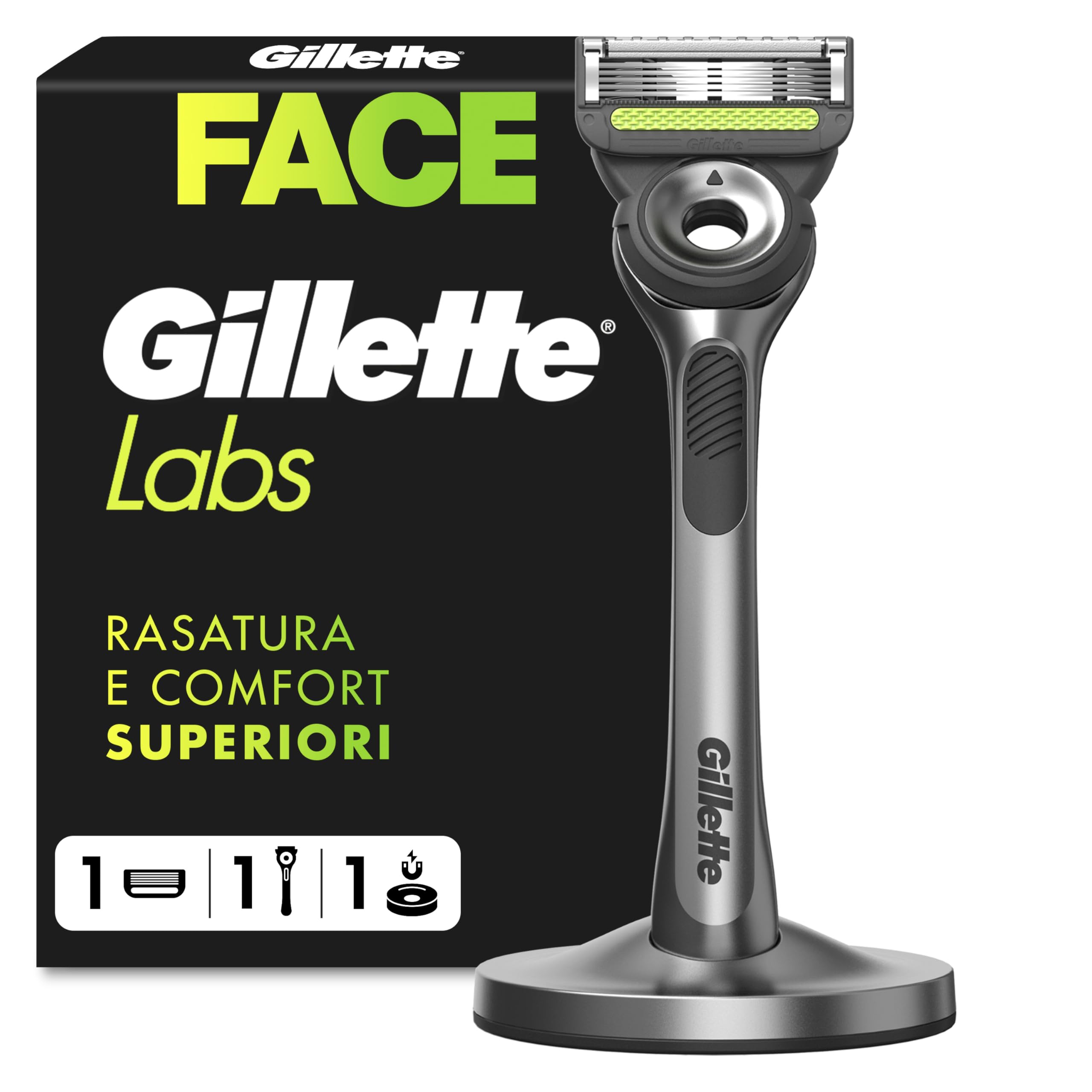 Gillette Labs Rasoio Barba Manuale con Barra Integrata, 1 Manico, 1 Lamette Gillette di Ricambio, con Base Magnetica, Grigio, Rasoio Barba e Lamette di Ricambio