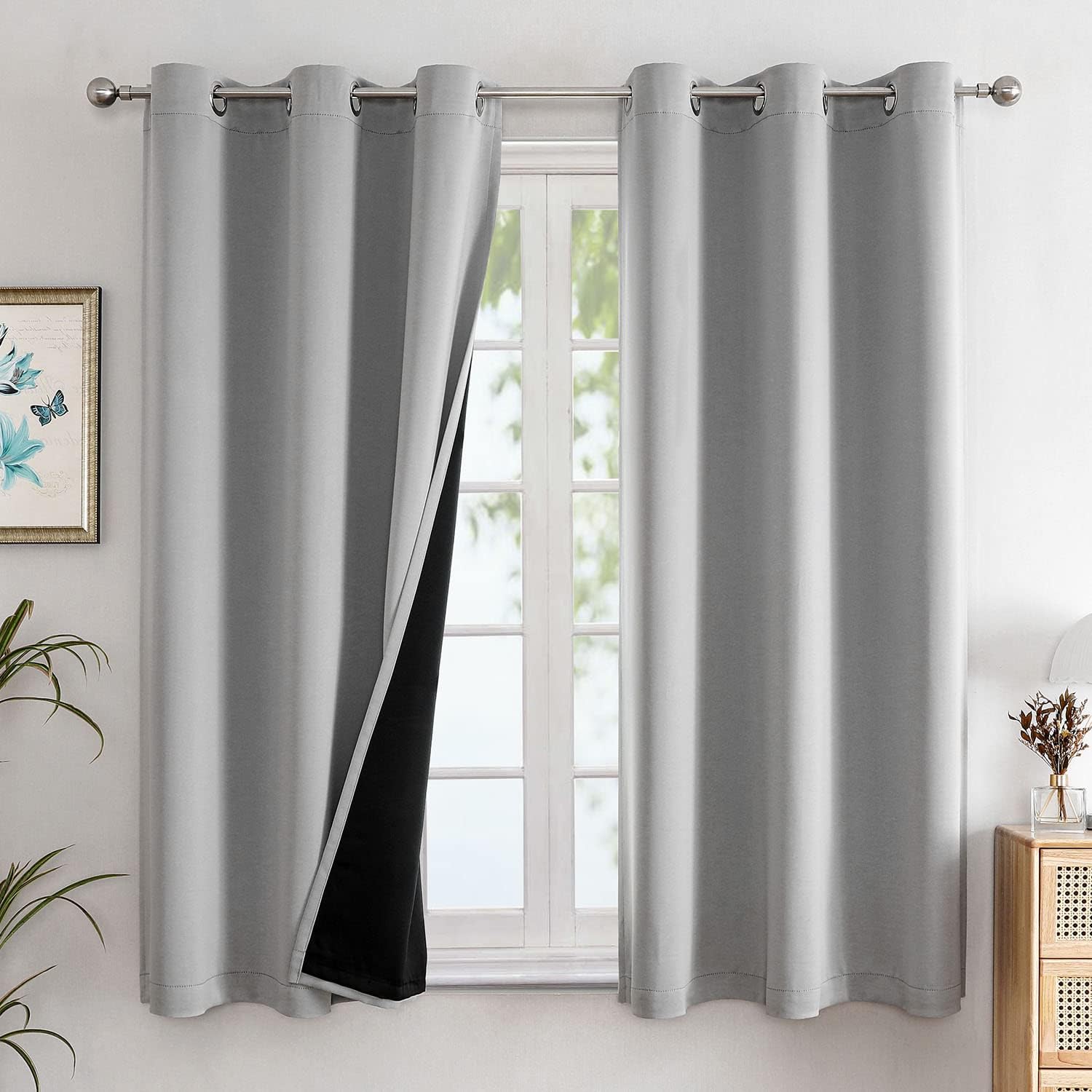 - ChrisDowa 100% Blackout Curtains for Bedroom with Black Liner, 2 Thick Layers Total Blackout Thermal Insulated Grommet Window Curtains 63 Inch Length 2 Panels Set (Light Grey, 42 x 63 Inch)