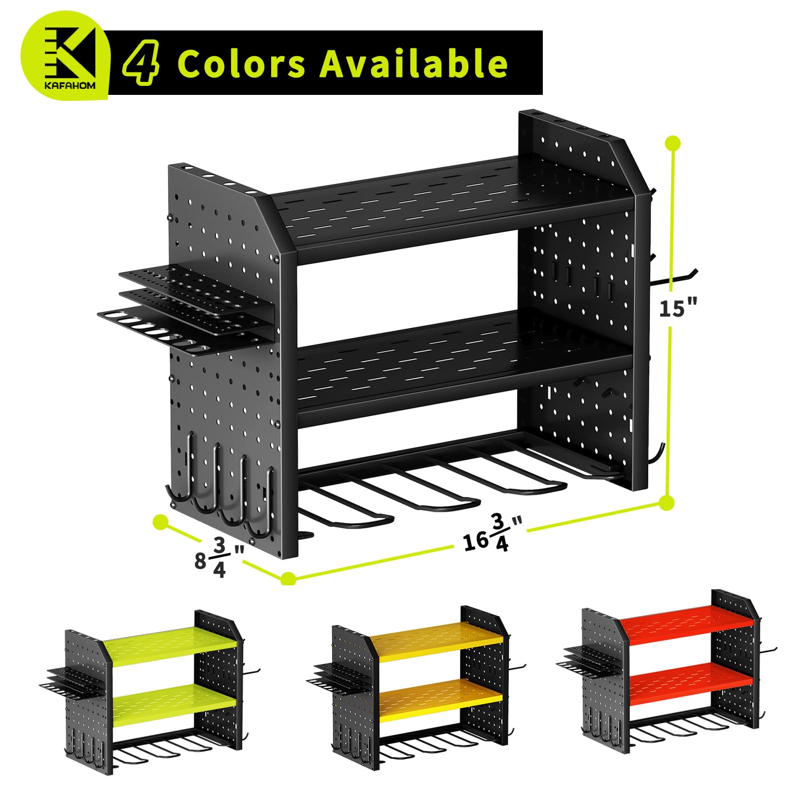 KAFAHOM Power Tool Organizer for Tool Storage,4 Drill Holder Wall Mount with 2 Side Pegboards,Heavy Duty Metal Tool Shelf with 12 Hooks,Tool Organizers and Storage Rack for Garage Organization,Utility Cordless Drill Holder and Battery Shelves - Black