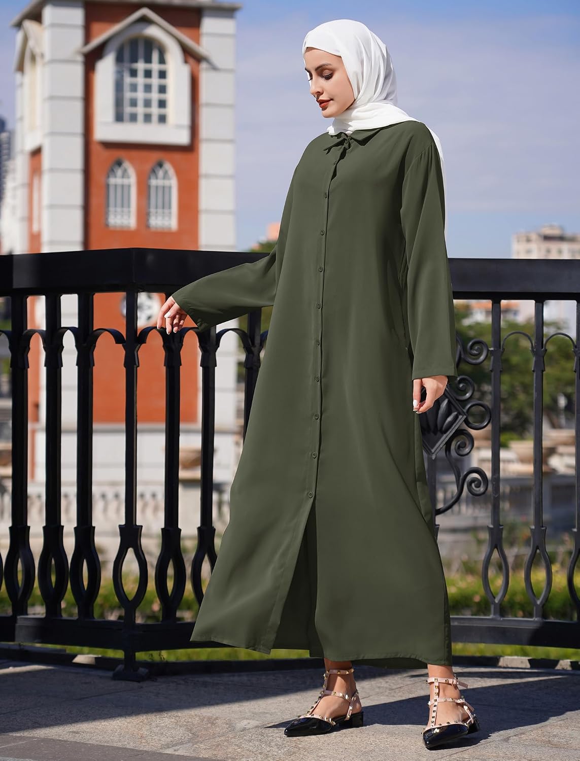 Women's Loose Fit Long Sleeve Button Up Maxi Shirt Dress with Pockets Abaya Dresses