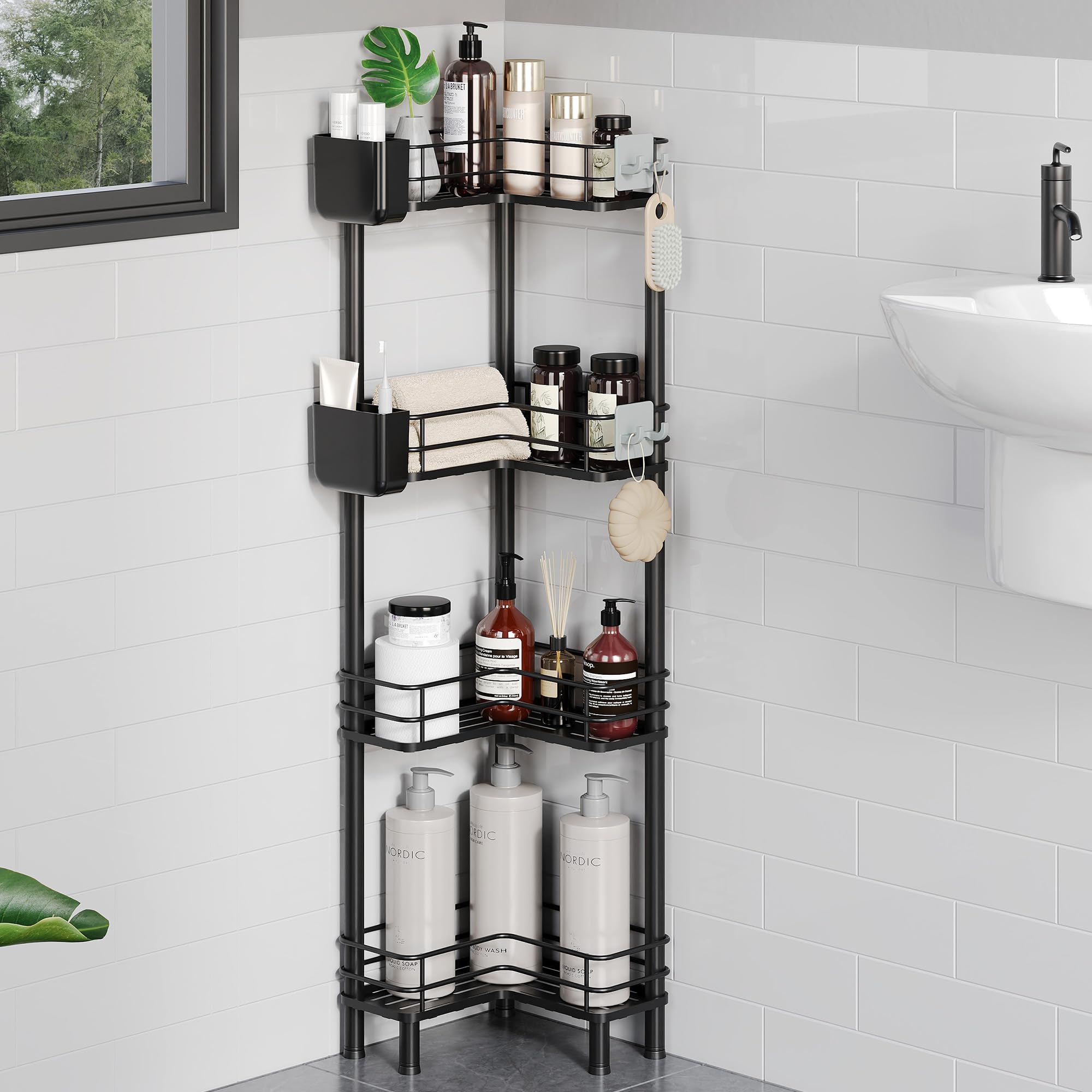 Orimade 4 unidades de estante de ducha de pie inoxidable, estantería de esquina para ducha independiente, cestas de ducha, soporte para baño, color negro