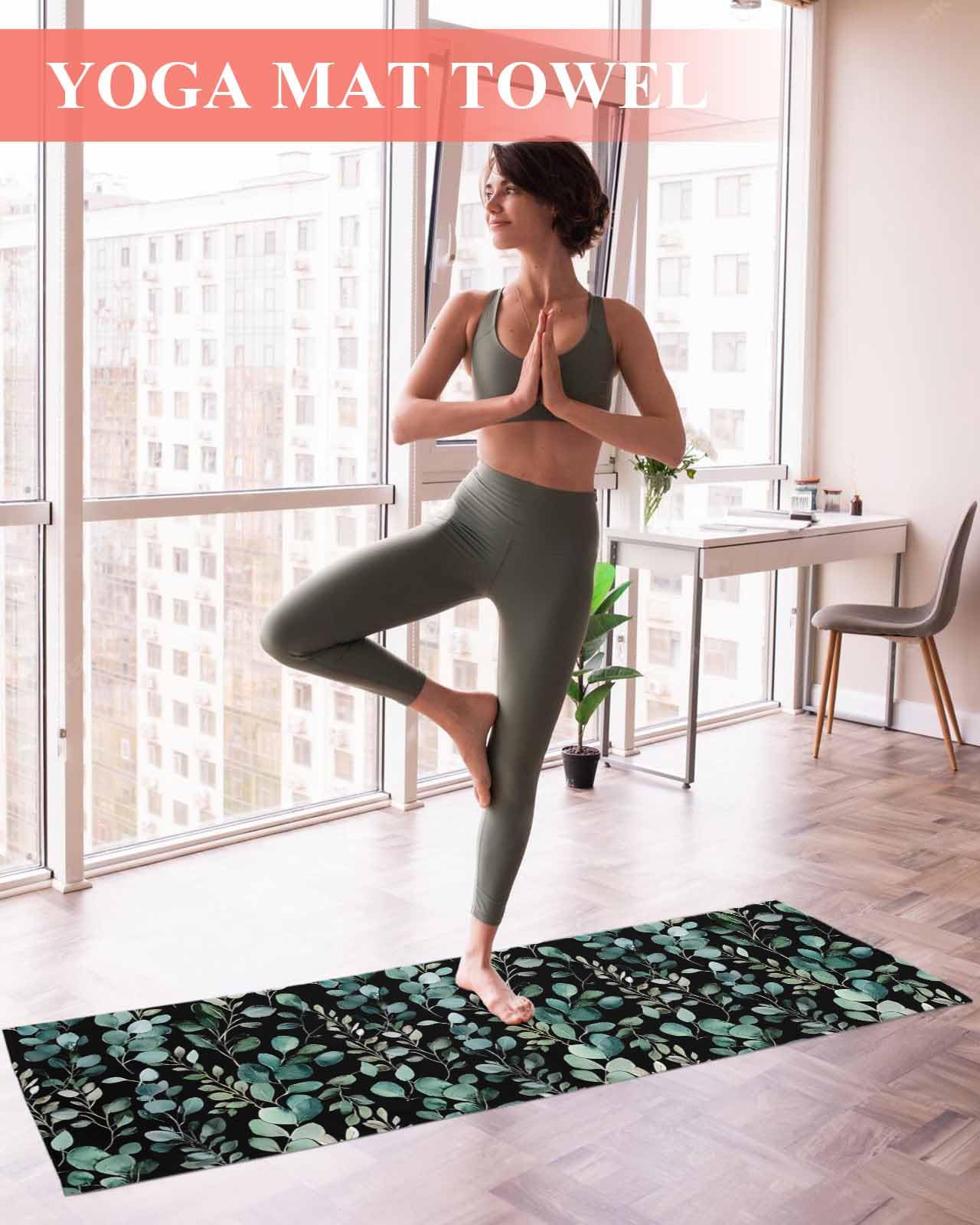 BOSIJOY Yoga Mat Towel,Spring Plant Watercolor Green Leaves Non Slip Sweat Absorbent Hot Yoga Towels with Corner Pockets,Botanical Leaf on Black Soft Microfiber Towel for Pilates Bikram 74