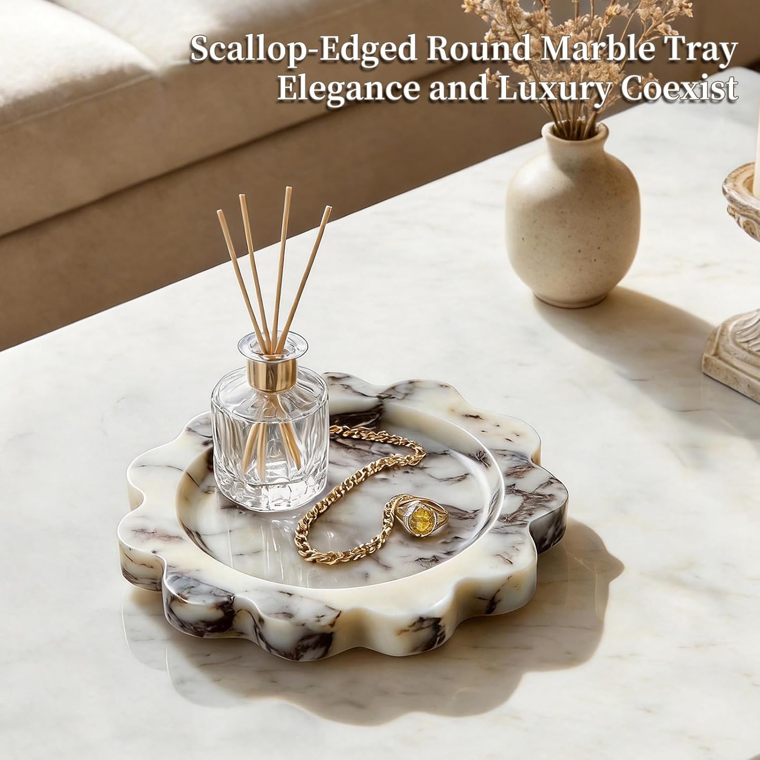 6.3" Scalloped Calacatta Viola Natural Small Marble Tray, Round Jewelry Trinket Dish for Rings, Decorative Candle Tray, Multi-Use Organizer for Bathroom, Kitchen & Dresser Countertops