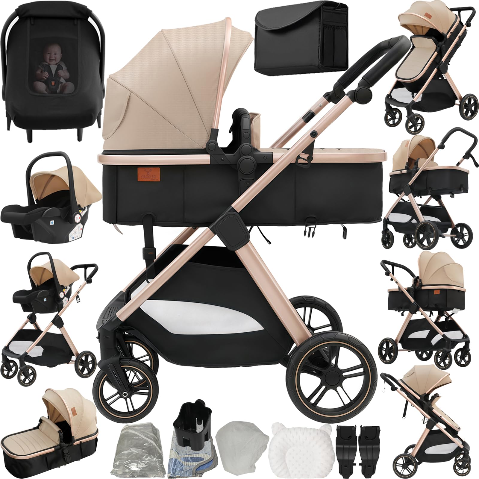 Magic ZC PU Leather 3 in 1 Pushchair Pram Travel System, Baby Stroller 3 in 1 with Reversible Two Pushing Modes, Newborn Infant Carriage One-Click Folding, Toddler Buggy Aluminum Frame (Black 518) — view 40