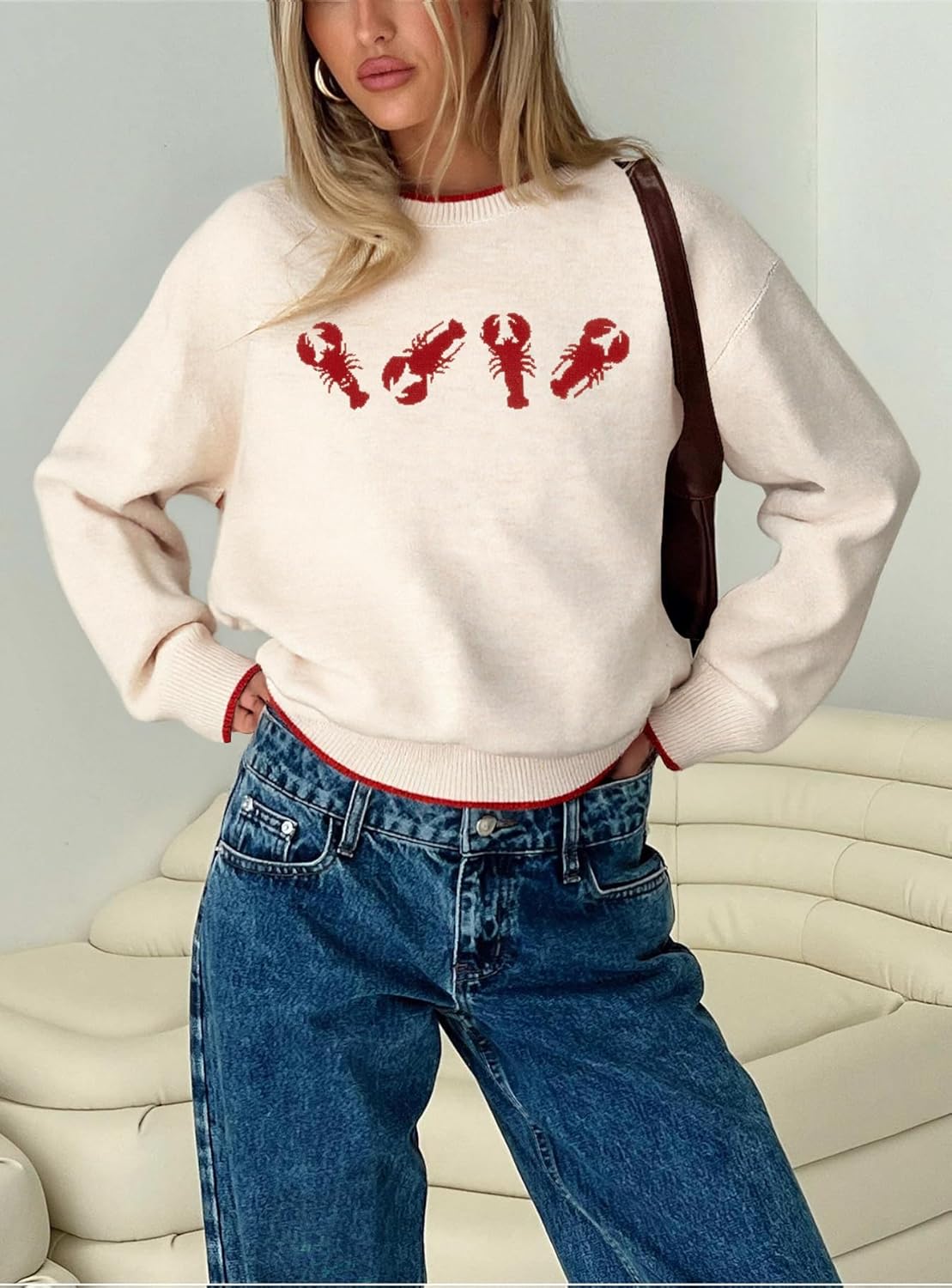 Graphic Sweaters for Women Lobster Graphic Pullover Knitted Sweater Vintage Crewneck Sweatshirt Cute Y2k Pullover Tops - Image 3