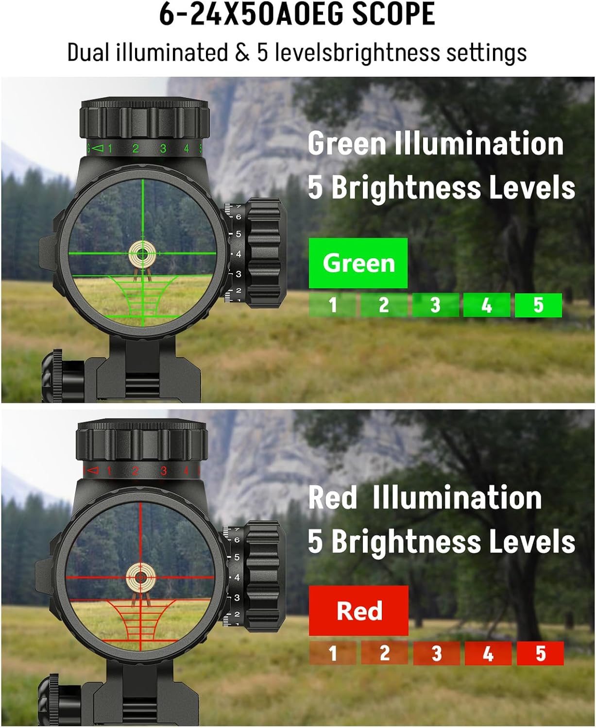 MidTen 6-24x50 AO Rifle Scope Combo, Dual Illuminated Scope Optics with Holographic Red & Green Dot Sight, IIIA/2MW Laser Sight, Flashlight and Mount, Rangefinder Reticle Long Range Scope