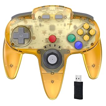KIWITATA N64 Wireless USB Controller for Switch Online Games, 2.4ghz Rechargeable Wireless N64 Remote 3D Joystick Controller for Switch/Switch 2/Switch Lite, MAC, PC Windows 7,8,10,11 Clear Yellow