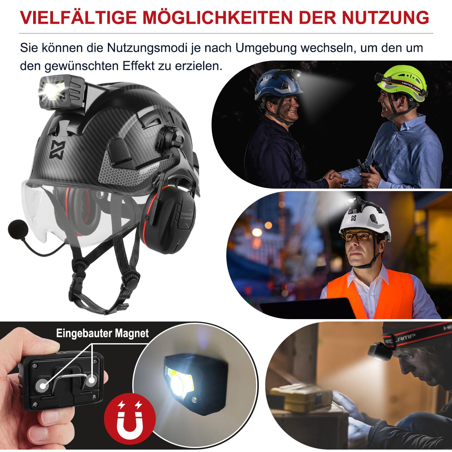 HEARMOR Höhenarbeiten Industriehelm Erwachsene Bauhelm mit Aktivem Gehörschutz ABS Schutzhelm Zertifizierung EN12492 Bestanden EN397 Stoßdämpfung und Eindringfestigkeit Test SNR 32dB mit Bluetooth