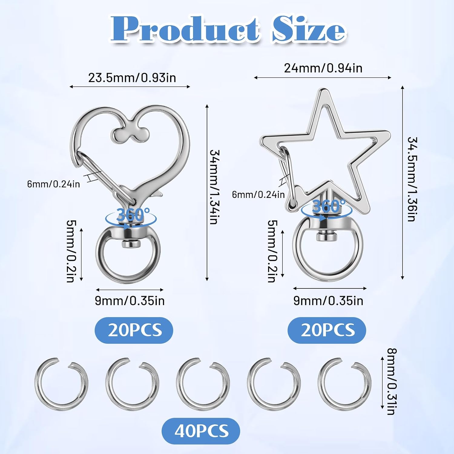 1 Box 40 Pcs Star Shaped Spring Snap Keychain, 2 Styles Star Heart Keychain Clip Metal Silver Swivel Lobster Claw Clasp Swivel Snap Hook Key Ring for DIY Crafts Jewelry Making Keychains