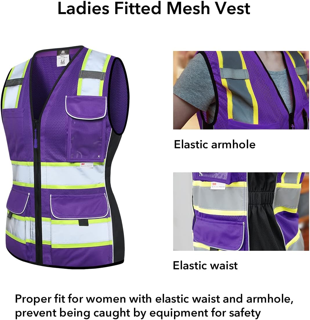 Dib Safety Vest for Women with Pockets, Mesh Reflective Vest High Visibility, ANSI Class 2 Made with 3M Reflective Tape, Purple M - Image 3