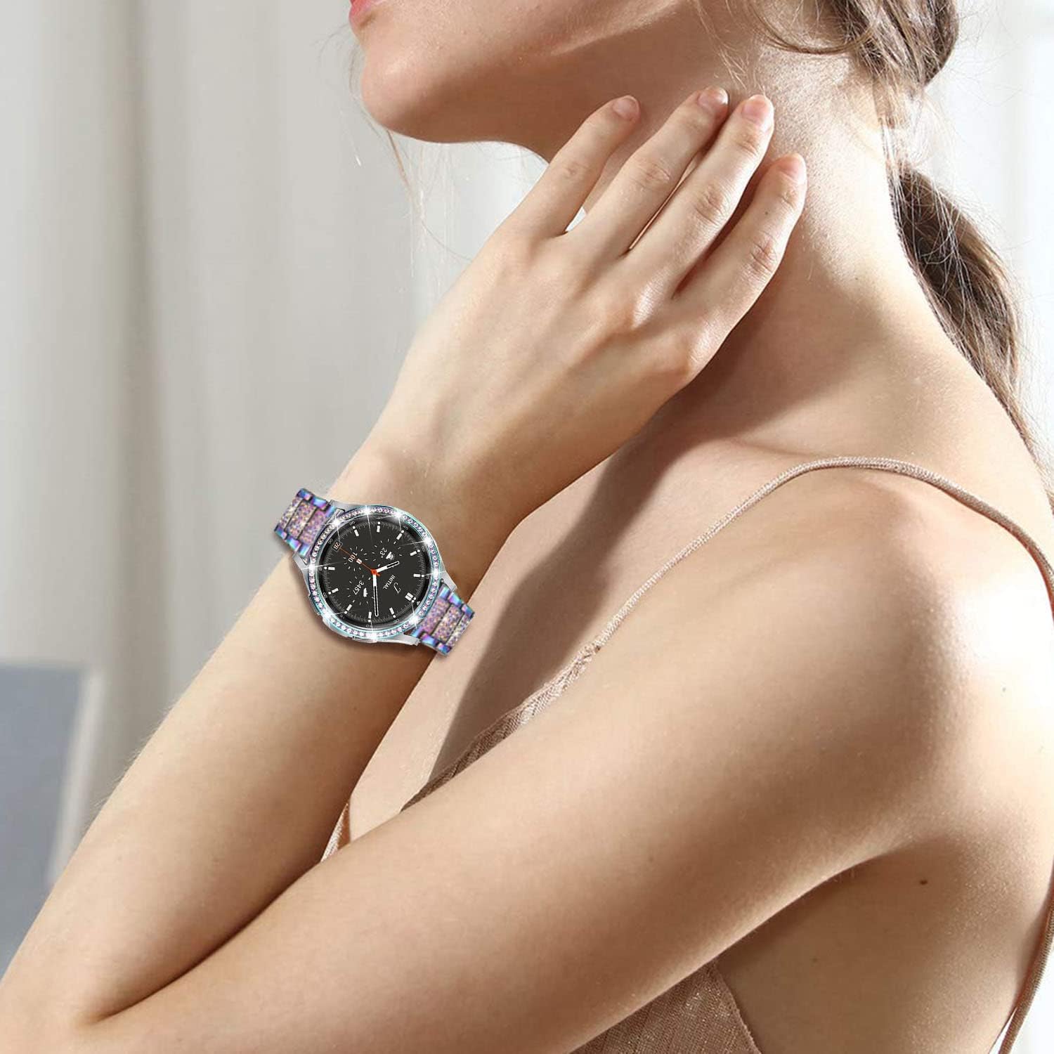 Bands Compatible with Samsung Galaxy Watch 4 Classic 46mm, Jewelry Bling Rhinestone Diamonds Metal Bracelet with Bezel Ring Cover Watch Fase Replacement Accessories for Women Men.