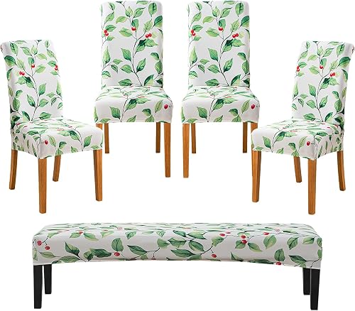 NILUOH Dining Room Chair Covers Set of 4 with 1 PC Bench Cover, Stretch Removabl