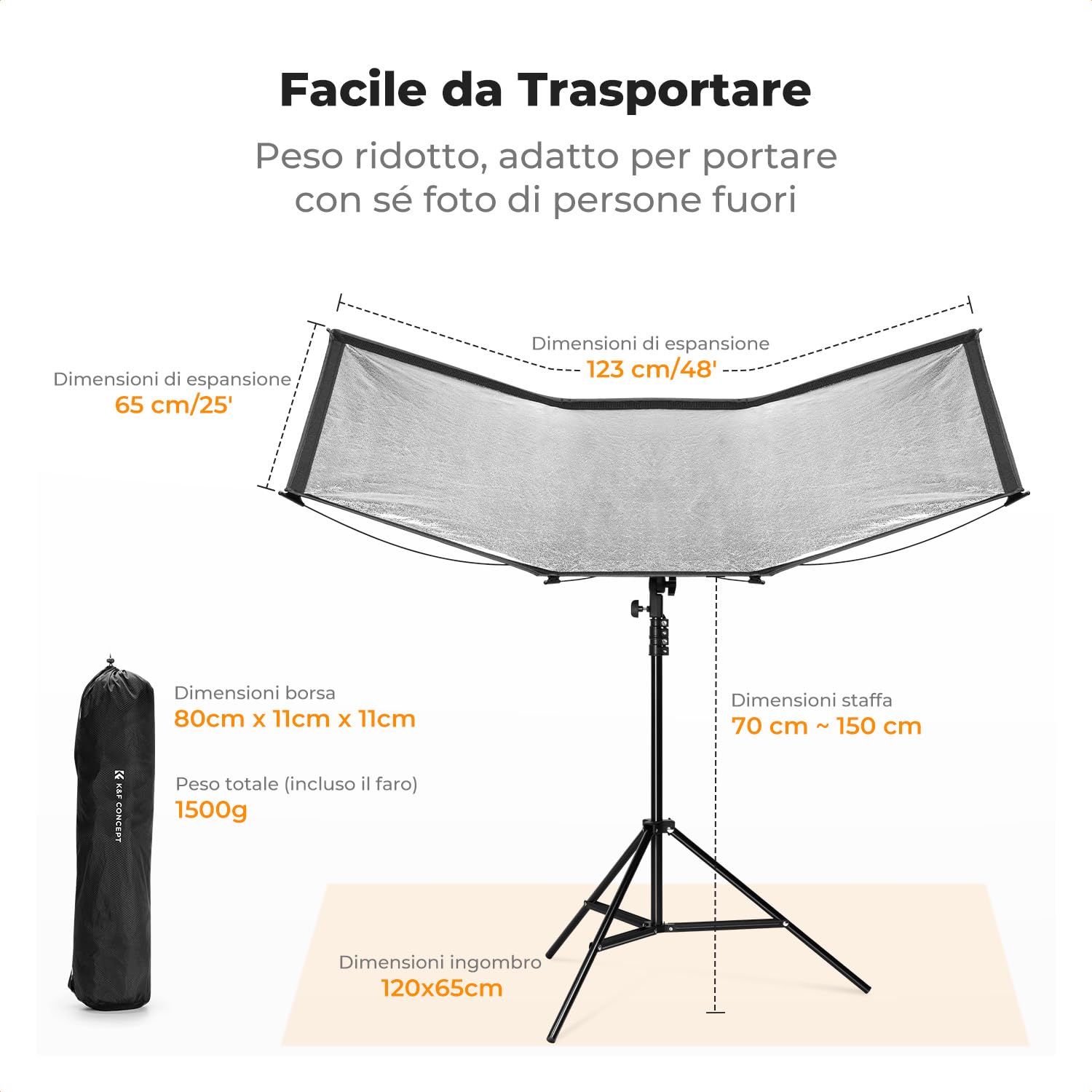 K&F CONCEPT Reflector Curvo, Reflector pieghevole ad apertura rapida con borsa Stand & Carry, Diffusore fotografico a forma di U 48 "x26" per ritratti in studio, 4 in 1 Nero/Bianco/Argento/Oro