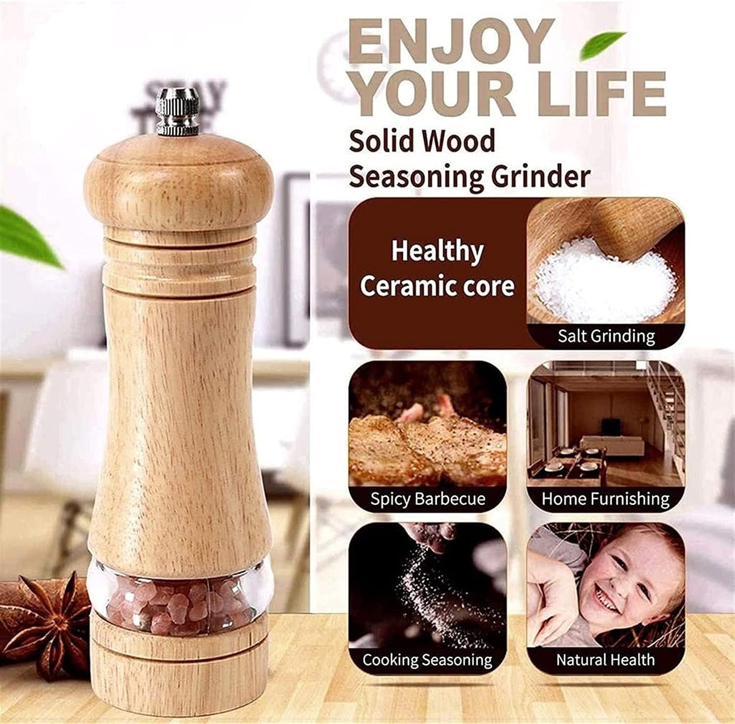 Salt and Pepper Grinders, Oak Wooden Salt and Pepper Mills Shakers, Ceramic Rotor with Strong Adjustable Coarseness