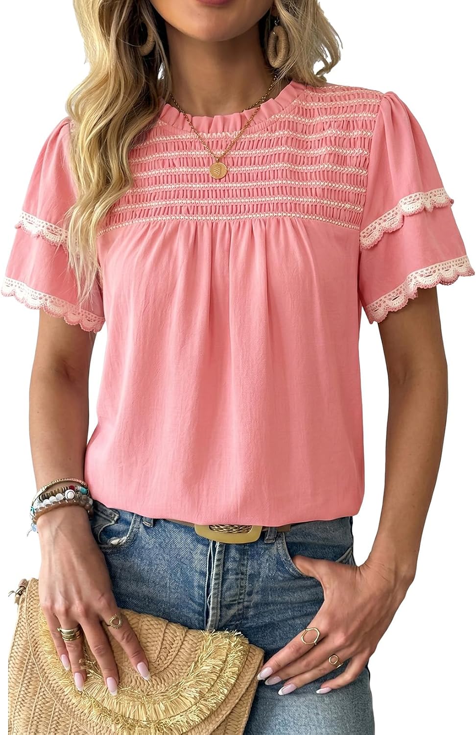 Dokotoo Womens Summer Tops Crewneck Ruffle Short Sleeve Shirts Casual Pleated Blouses Flowy Boho Clothing