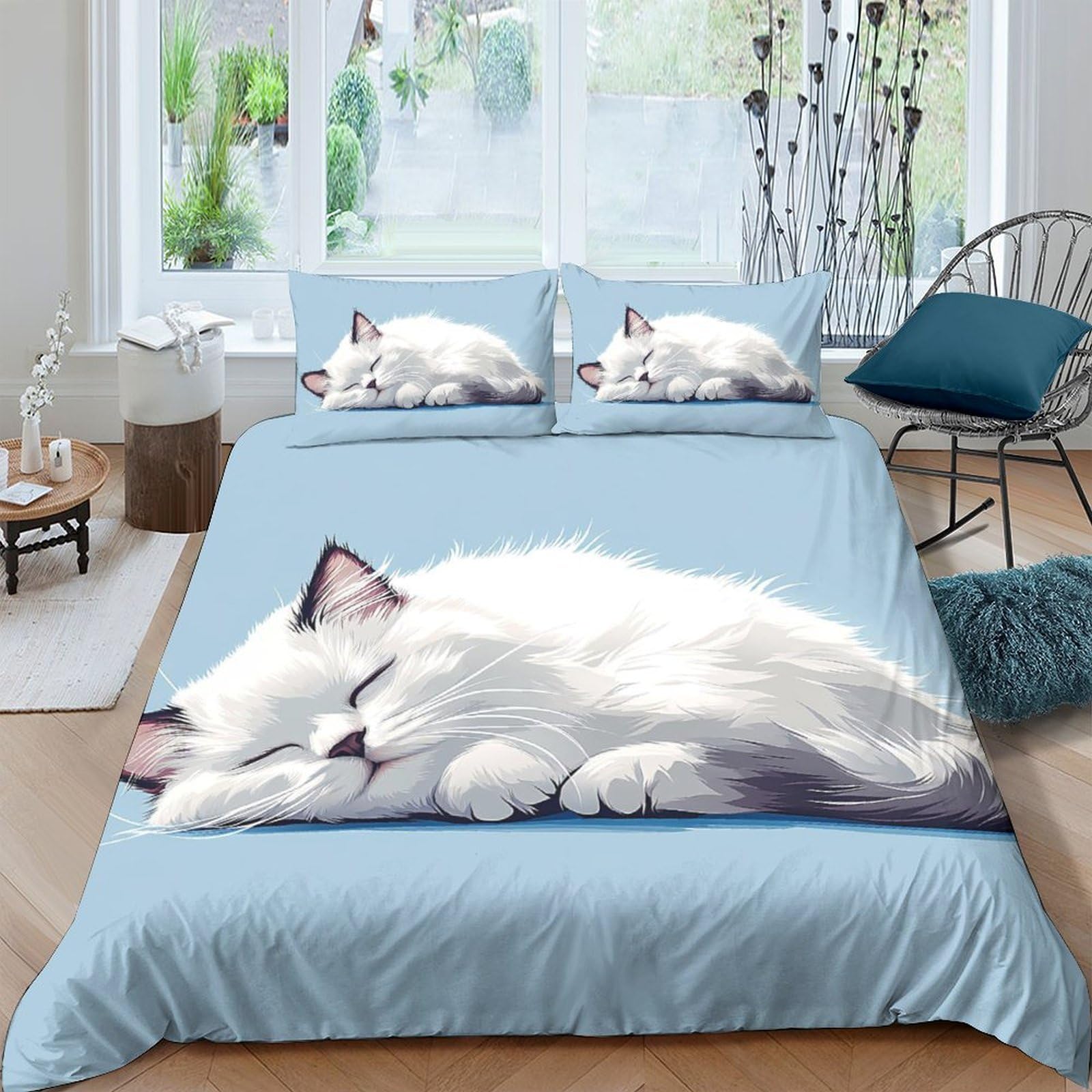 Ctjqhvkz Style-3 3D Printed Sleeping White Cat Fitted Sheet Microfiber Soft Blue Bed Cover For Bedroom Guest Room Easy Care Single（135X200cm）