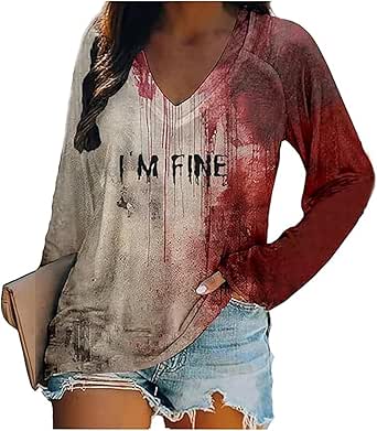 Problem Solved T-Shirt Halloween Problem Solved Bleeding Top Da Donna Girocollo Divertente T-Shirt Con Stampa Macchie Di Sangue Regalo Spaventoso Graphic Maglietta Casual Manica Lunga Camicia