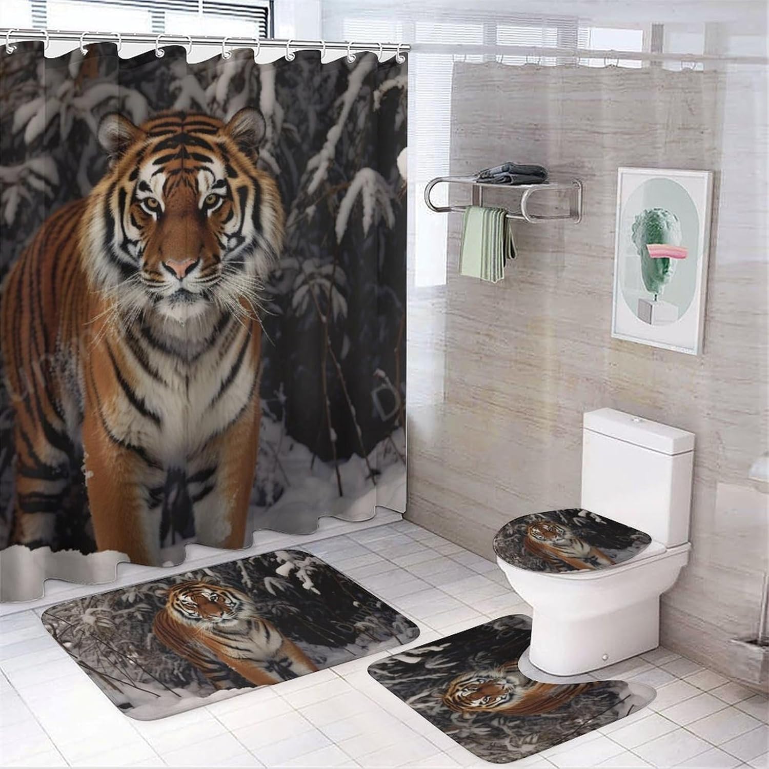 4 Pieces Funny Tiger Shower Curtain Set Winter Countryside Forest Nature Animal Picture on Non-Slip Rugs Toilet Lid Cover Bath Mat and Bathroom Curtain with 12 Hooks,72x72 Inch