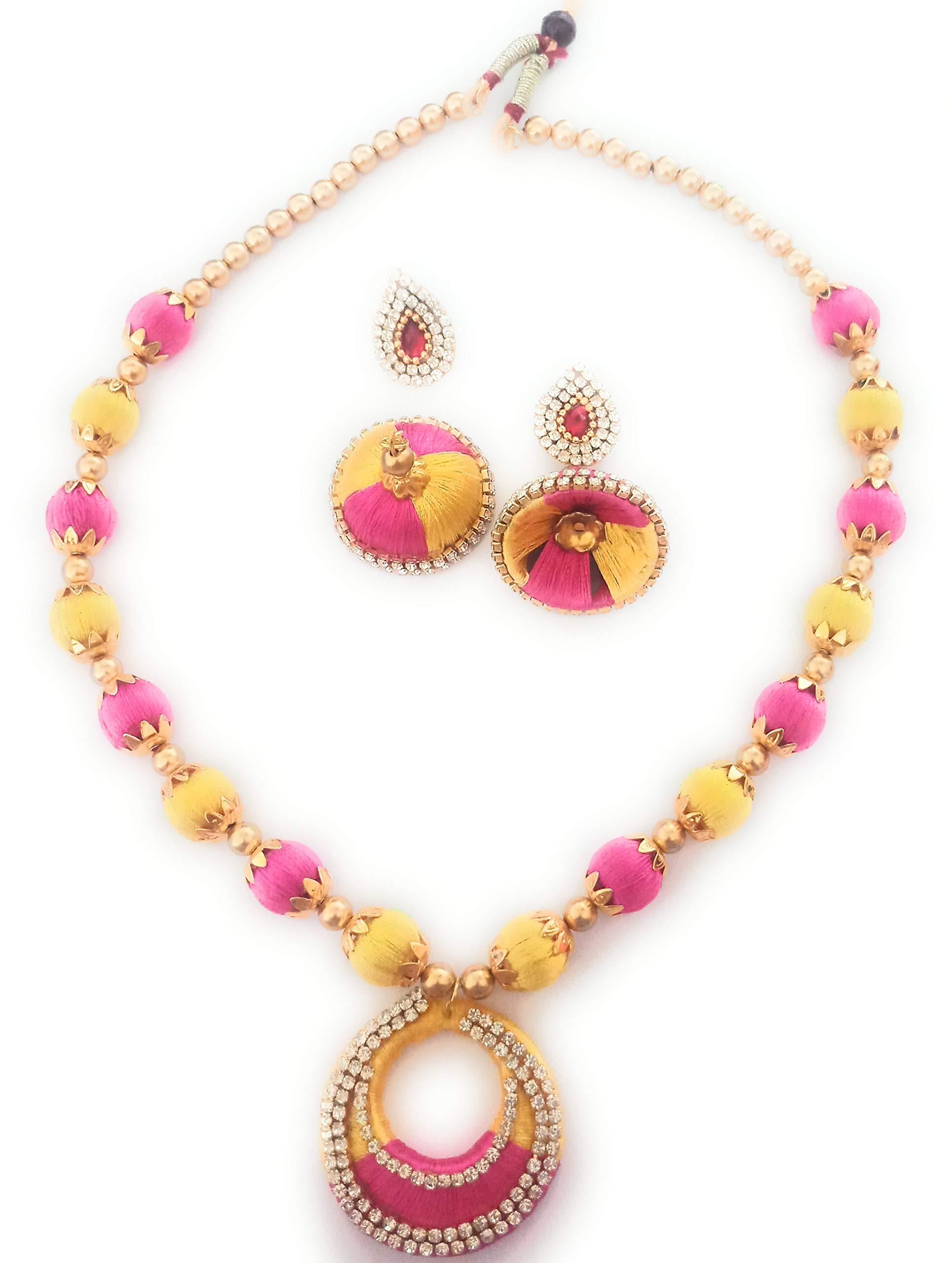 GO-FOR-IT Yellow and pink silk thread necklace set with matching jhumki earrings