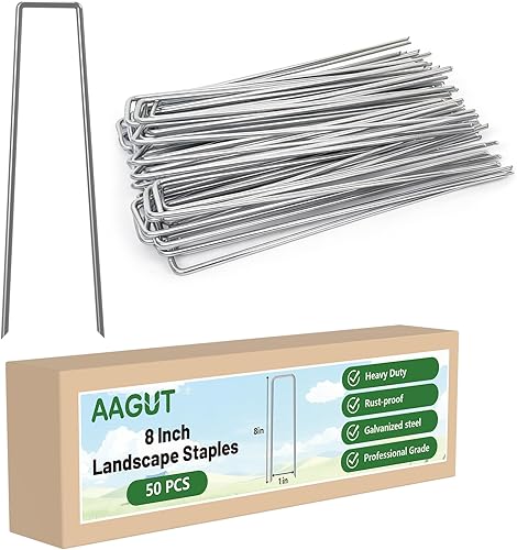 Miniatura 12 de AAGUT Juego de 50 estacas de jardín, grapas de paisaje, estacas galvanizadas de calibre 11 de 6 pulgadas para valla de perro, tela de barrera