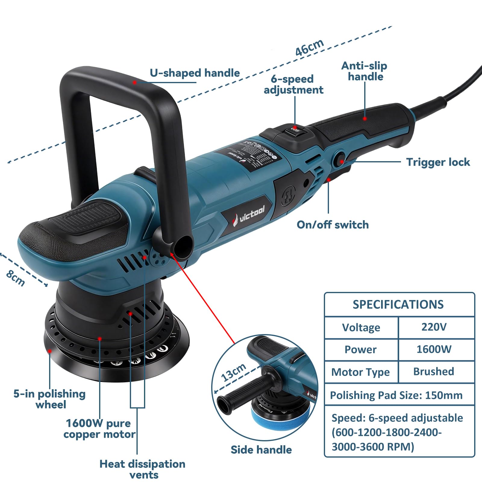 Pulidor excéntrico para coche, 15 mm, 1600 W, 6 velocidades variables (600-3600 rpm) con esponja y paños de pulido de lana, ideal para pulir coches, motocicletas y muebles