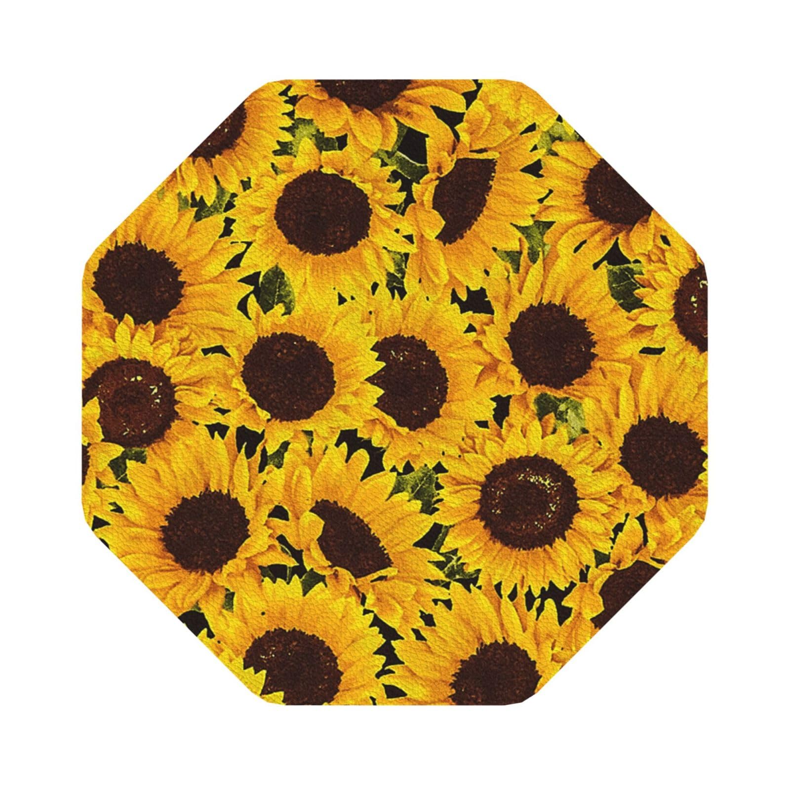 Yellow Sunflowers PU Leather Coasters Set of 6 Octagon Drink Coasters